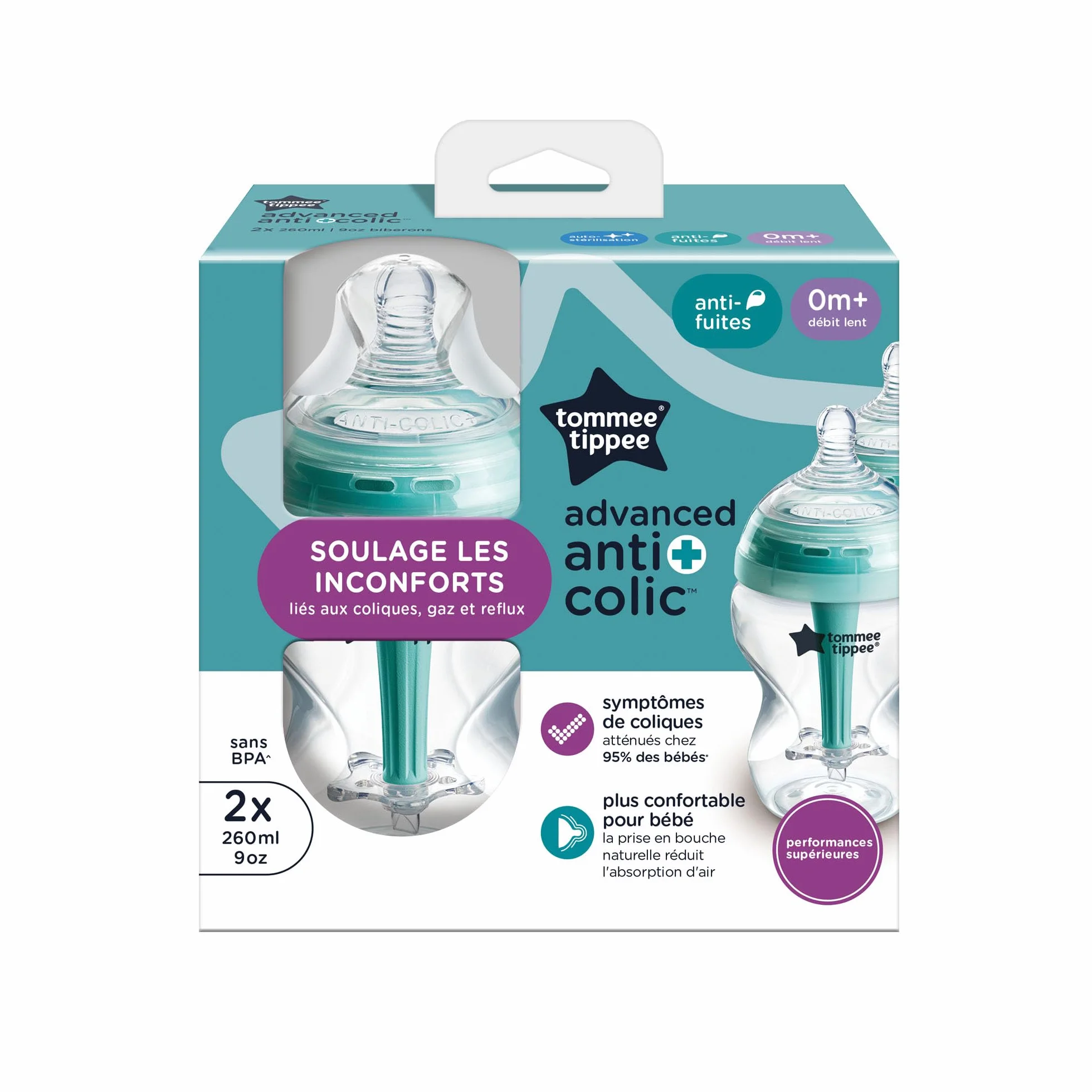 Tommee Tippee Biberon anti-colica 260 ml, con tettarella simile al seno materno, cannuccia anti-colica ventilata, autosterilizzante, 2 pezzi