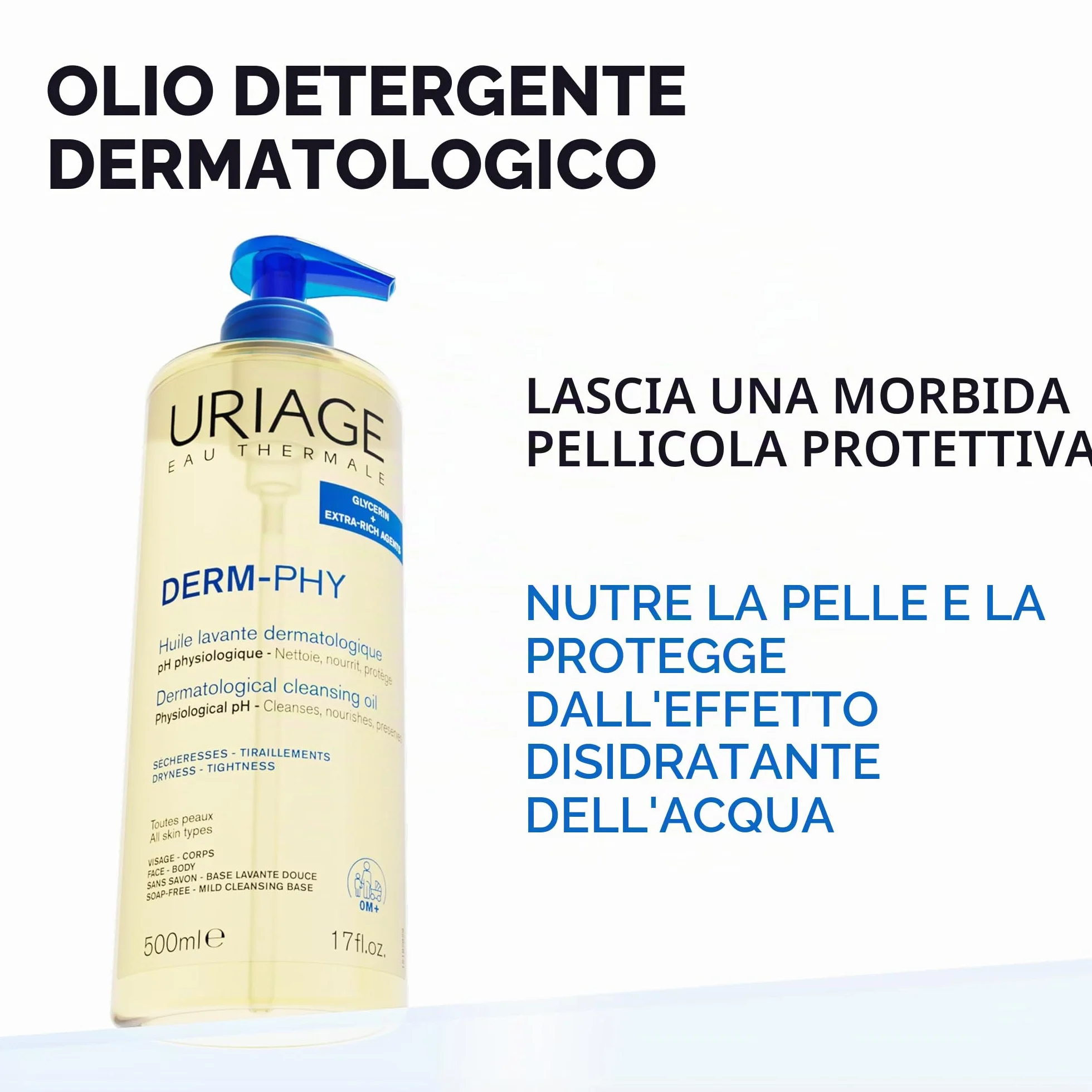 Uriage Derm-Phy - Olio da doccia da 1 l, detergente per viso, corpo, pelli secche, sensibili, pulisce, nutre, previene l'essiccazione, 25% glicerina, agenti extra ricchi, pH fisiologico, senza sapone