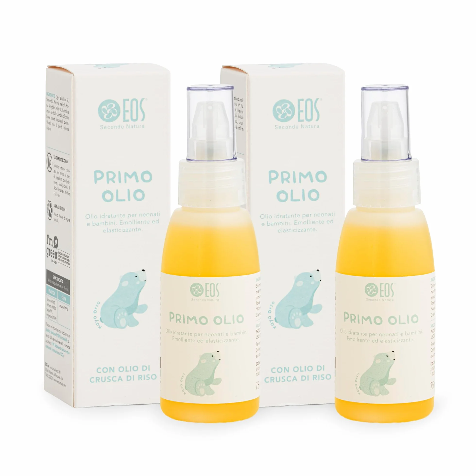 EOS NATURA Primo Olio – Confezione Doppia (2 x 75 ml) – Olio Idratante, Emolliente Massaggio per Neonati e Bambini – Oli di Crusca di Riso, Calendula e Mandorle Dolci – Il Mondo di Babu - 75 ml