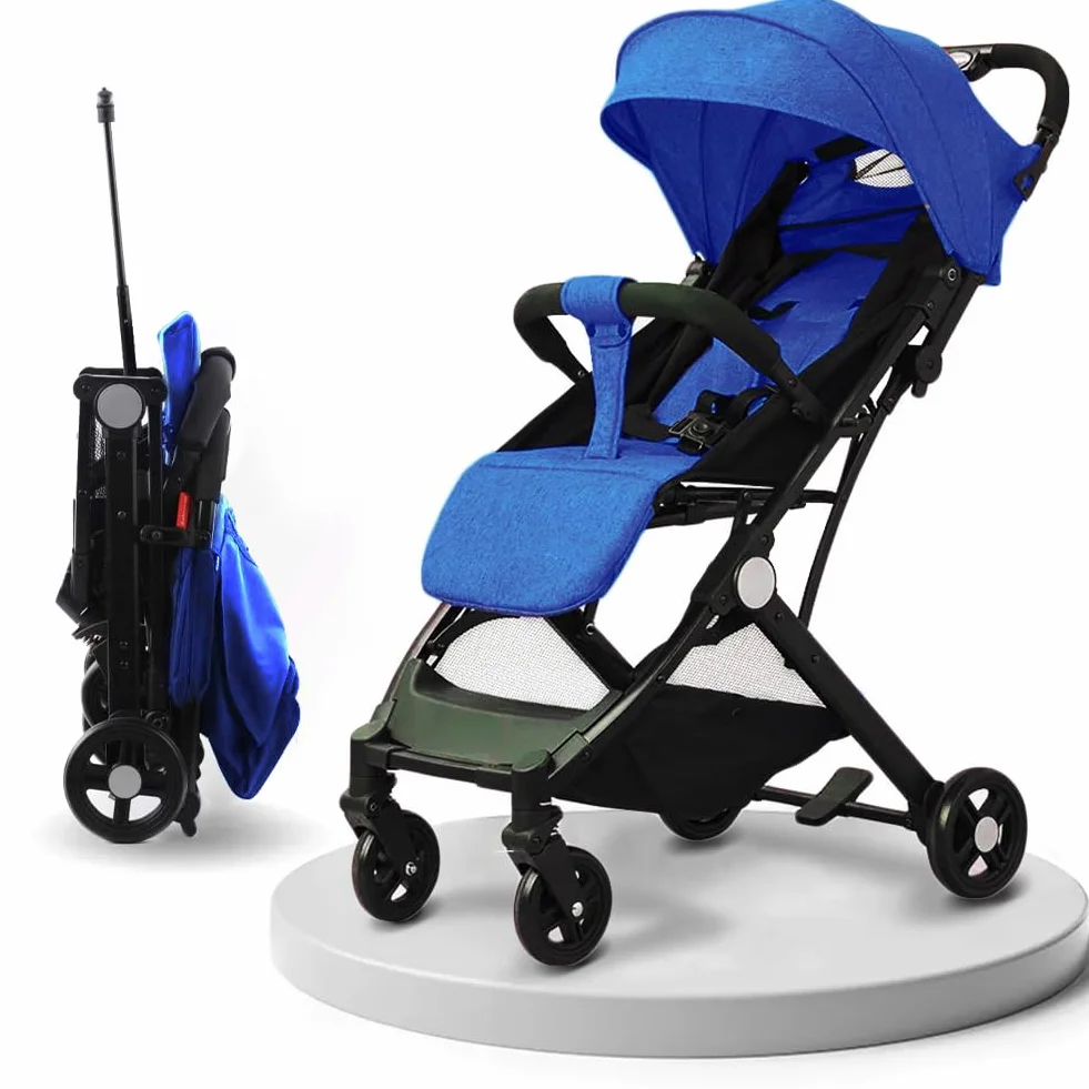 BAKAJI Passeggino Easy Ultra Leggero con Chiusura Facilitata Portata Massima 15 kg, Schienale Reclinabile con Cintura di Sicurezza a 5 Punti, Pieghevole con Una Mano, Salvaspazio (Blu)