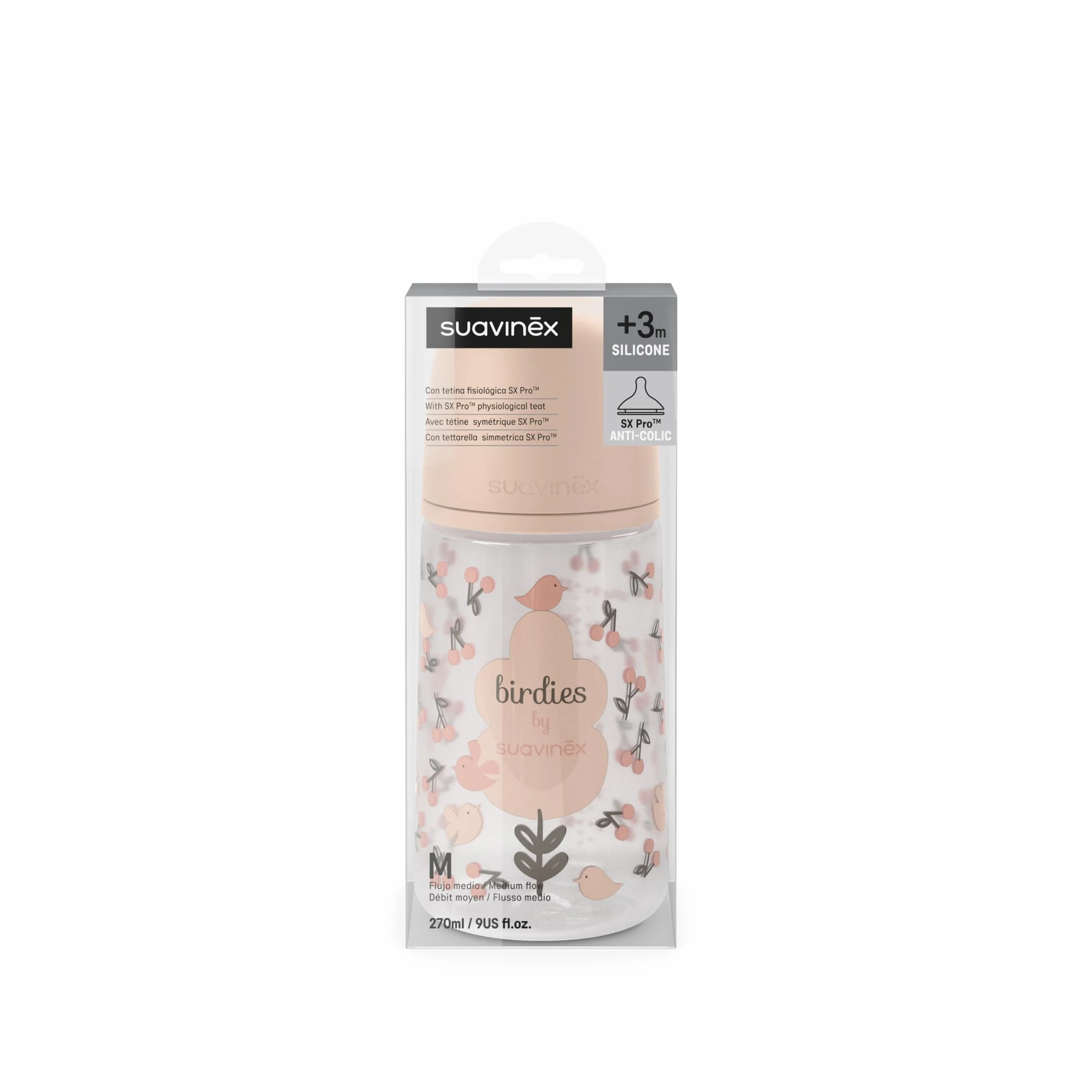 Suavinex, Biberon Anticolica da 270 ml con Tettarella Fisiologica SX Pro in Silicone, Flusso Medio (M), per Liquidi a Media Densità, Latte, Succhi o Acqua. Neonati +3 Mesi. Birdies, Rosa