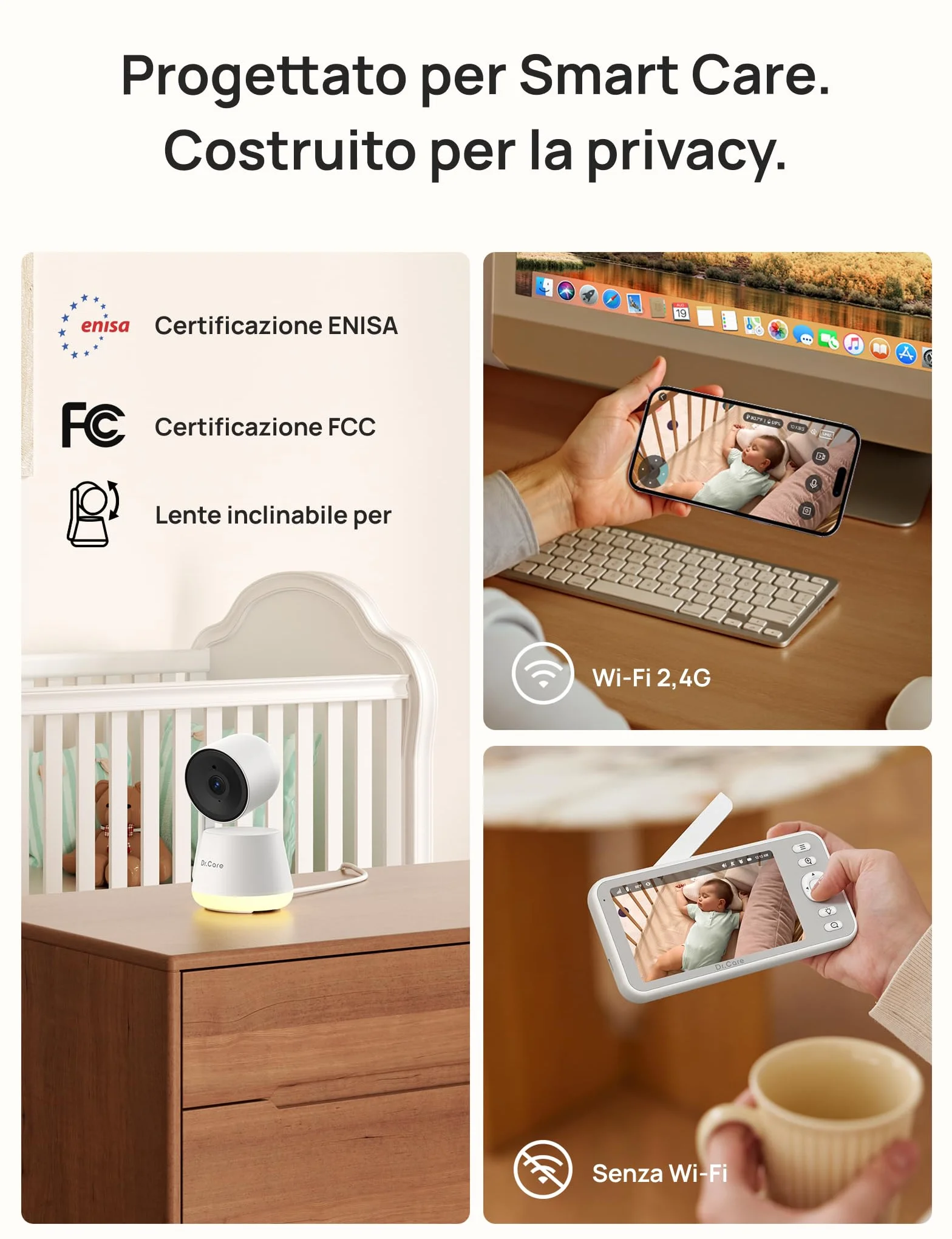 Dr.Care LumiView Baby Monitor WiFi SBM003-1080P FHD & 2K, Controllo App, Modalità Privacy, Batteria 5000mAh, Allarmi Pianto e Movimento, Luce Notturna RGB (Monitor 5" con 2 Telecamere)