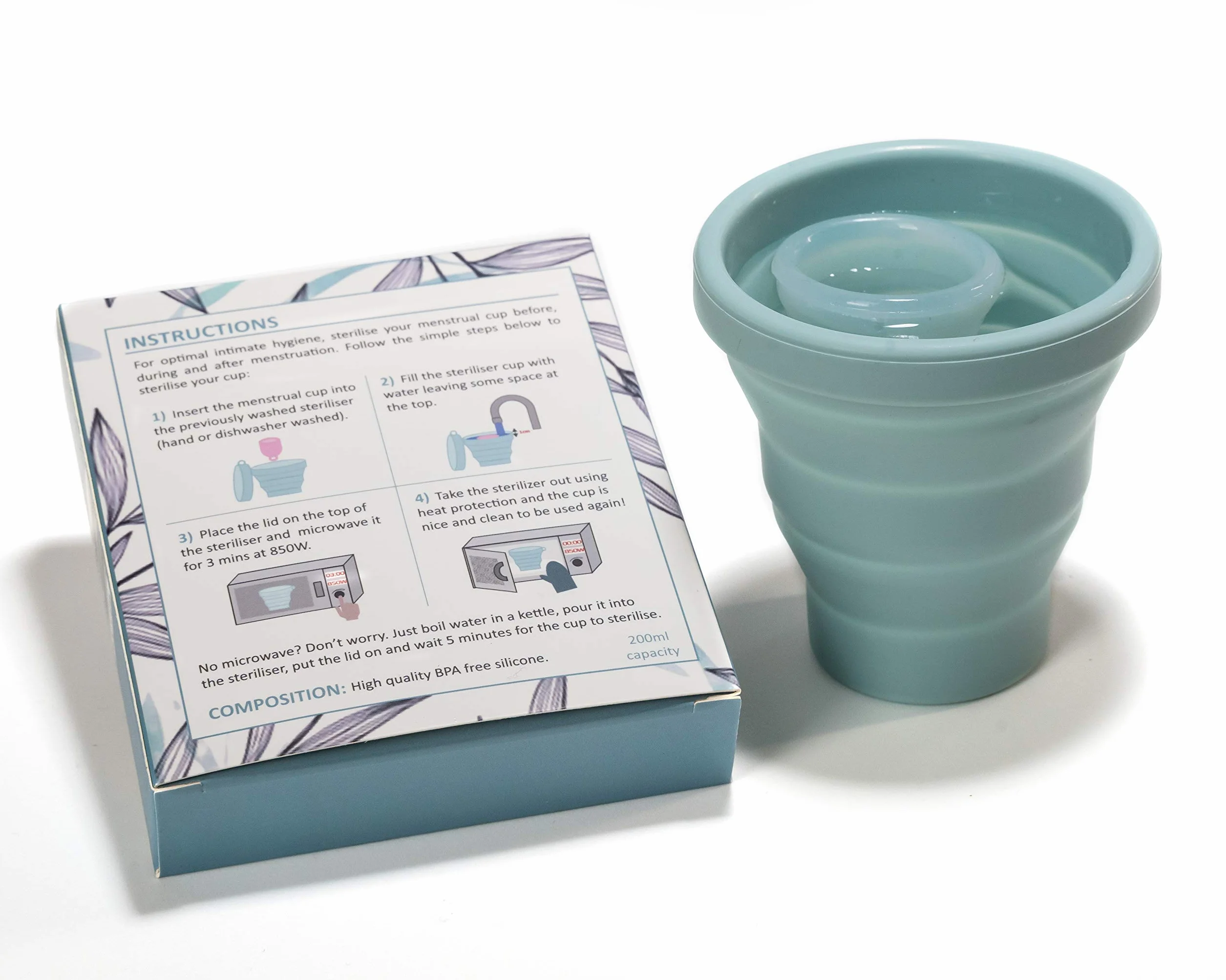 Pure Ella - Sterilizzatore per coppetta mestruale, adatto al microonde, pieghevole e senza BPA, detergente per tazze in silicone, ecologico e igienico femminile