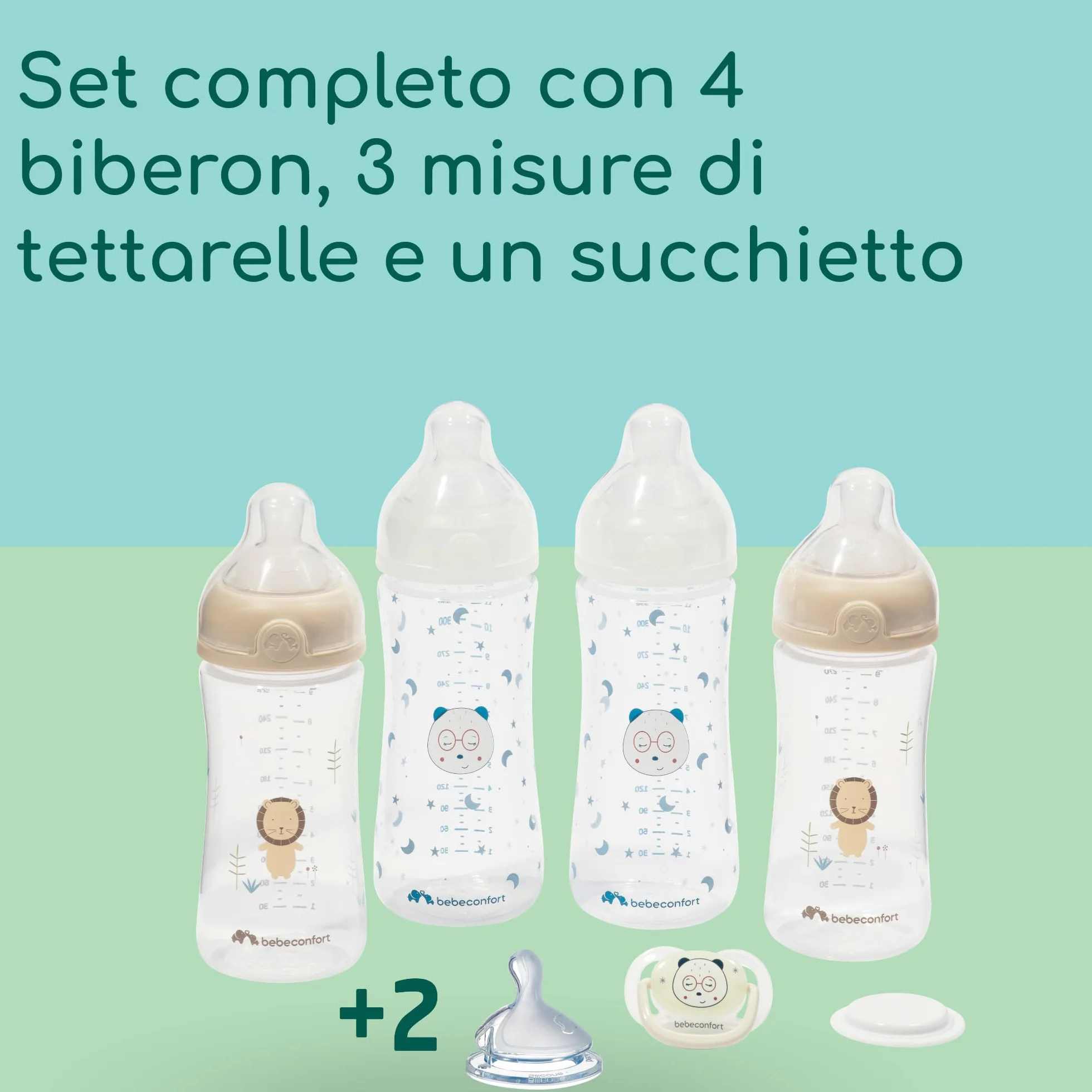 Bebeconfort Kit Biberon Neonato Physio Air Cresce-con-Me, Biberon Anticolica, 0+ mesi, Include 4 Biberon Neonato, 3 Misure di Tettarelle, Succhietto Anatomico, Design che si illumina al buio