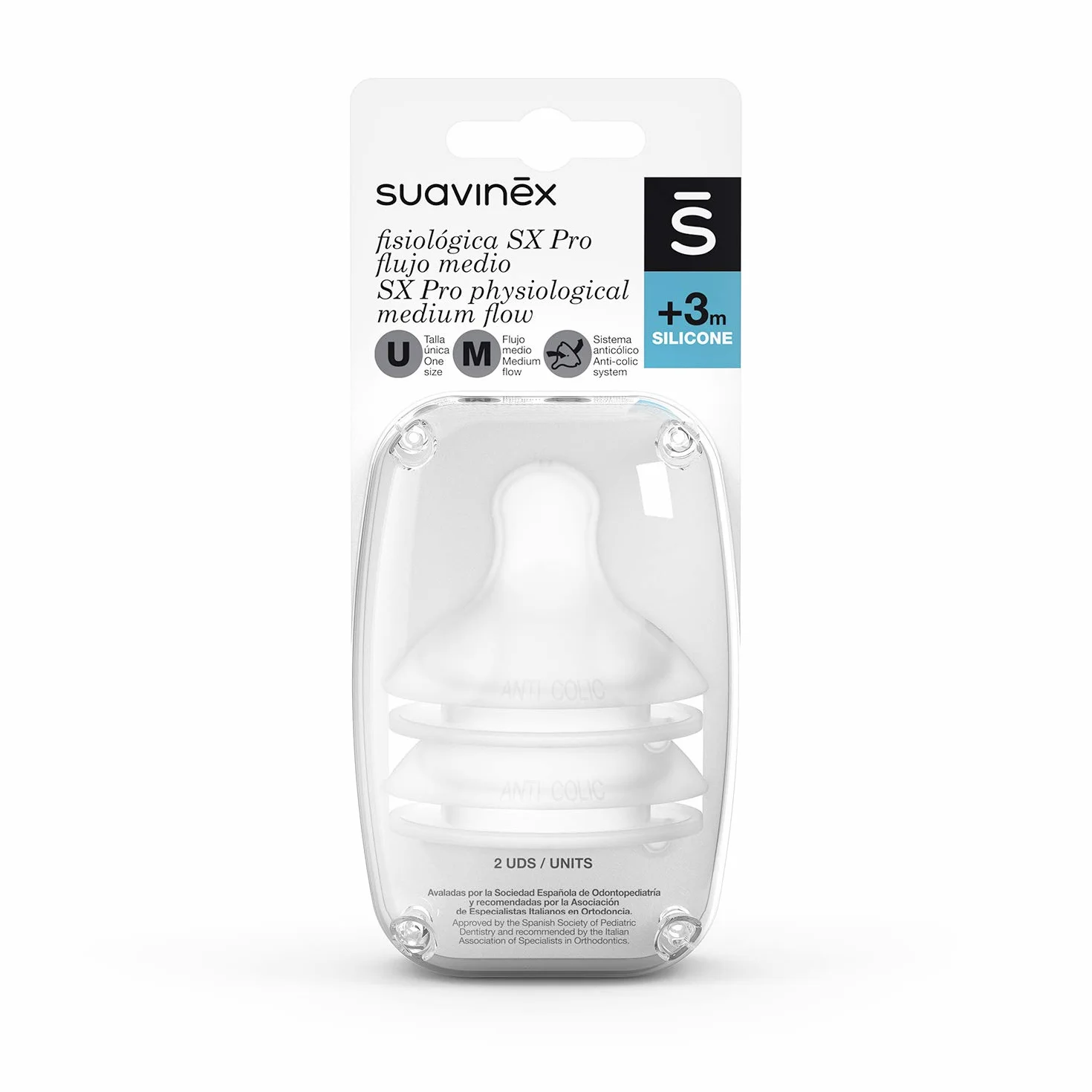 Suavinex Confezione 2 Tettarelle Simmetriche in Silicone SX Pro, Flusso Medio, 3 Mesi, con Sistema Anticoliche