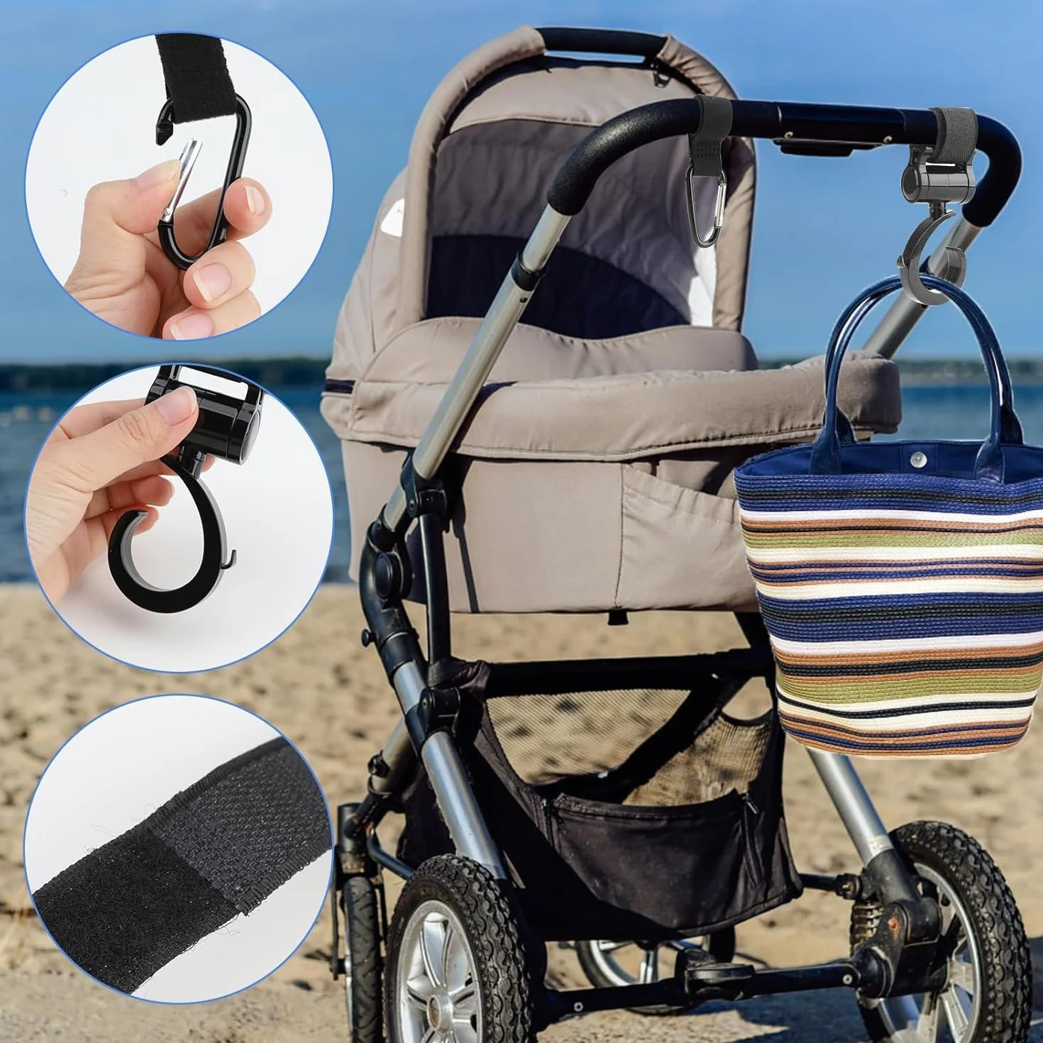 Ganci Passeggino Universali, 4 Pezzi Ganci per Passeggino Rotanti Nero, Ganci per passeggino porta borse,Adatti per Passeggini, Carrelli e Trolley, Facili da Installare e Resistenti