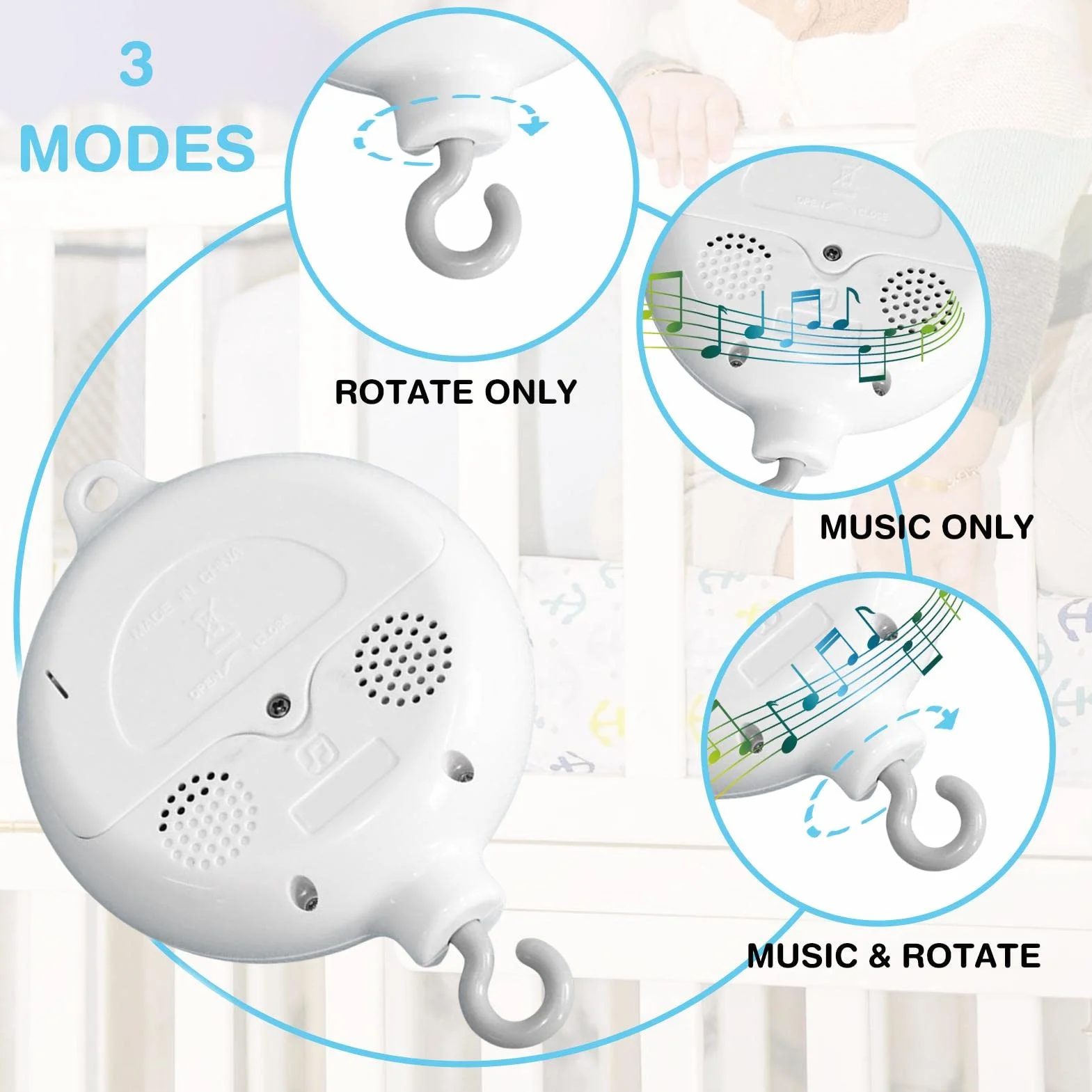 Carillon mobile per culla, con 35 melodie dolci e funzionamento a batteria, portatile, con gancio rotante, giocattolo per culla per bambini, idea regalo per la doccia