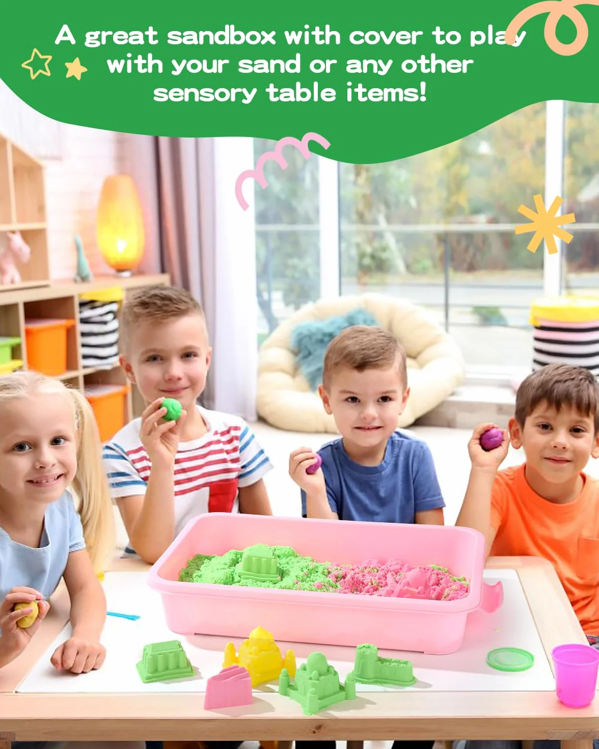 AtMini Vassoio sensoriale portatile da 15 pollici con coperchio, vassoio sensoriale, vassoio di sabbia per asilo per acqua, sabbia, perle e altro ancora (2 pezzi) (verde, rosa)