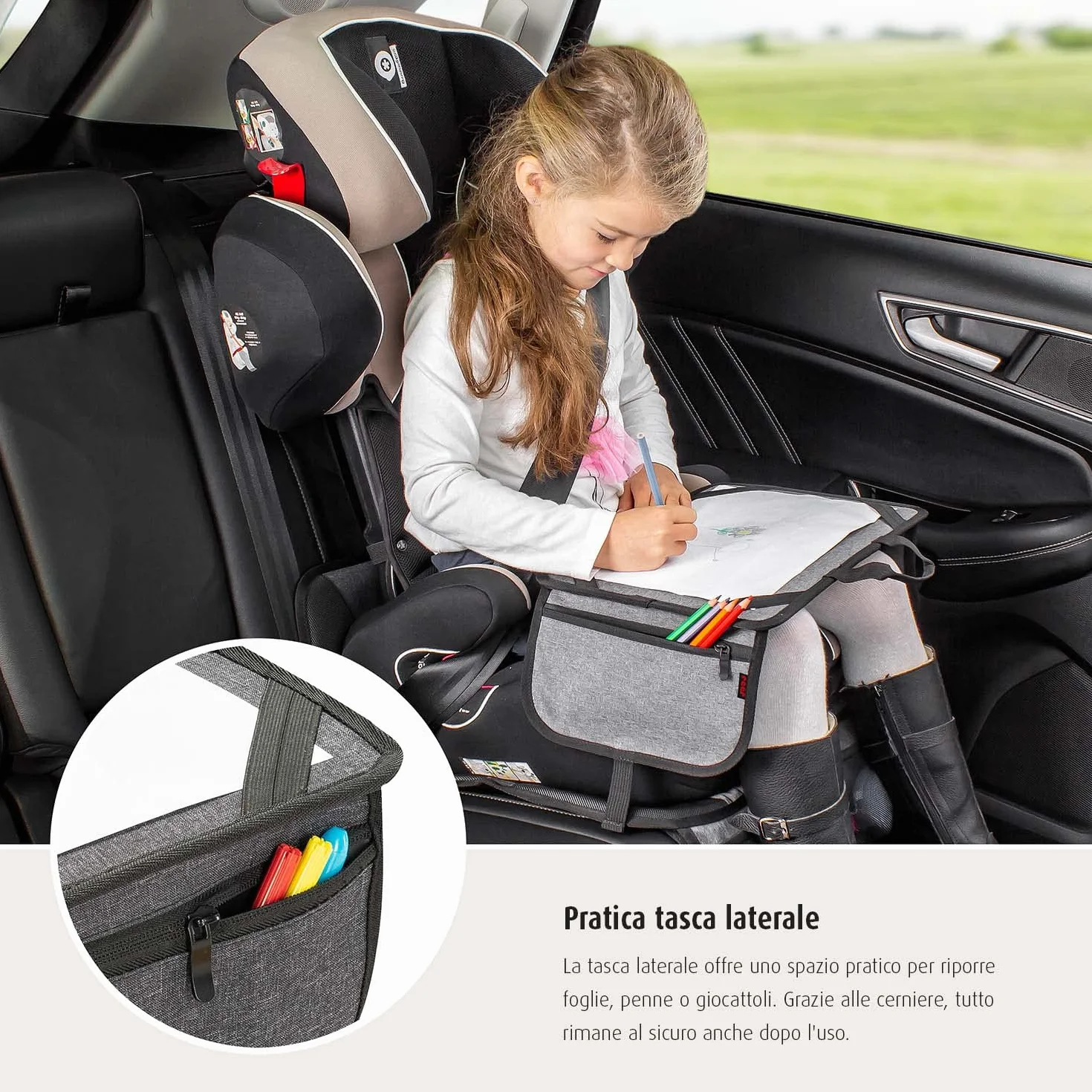reer TravelKid Play - Kit per colorare per viaggi, leggero e stabile, con tasche pratiche, impermeabile, antimacchia, grigio