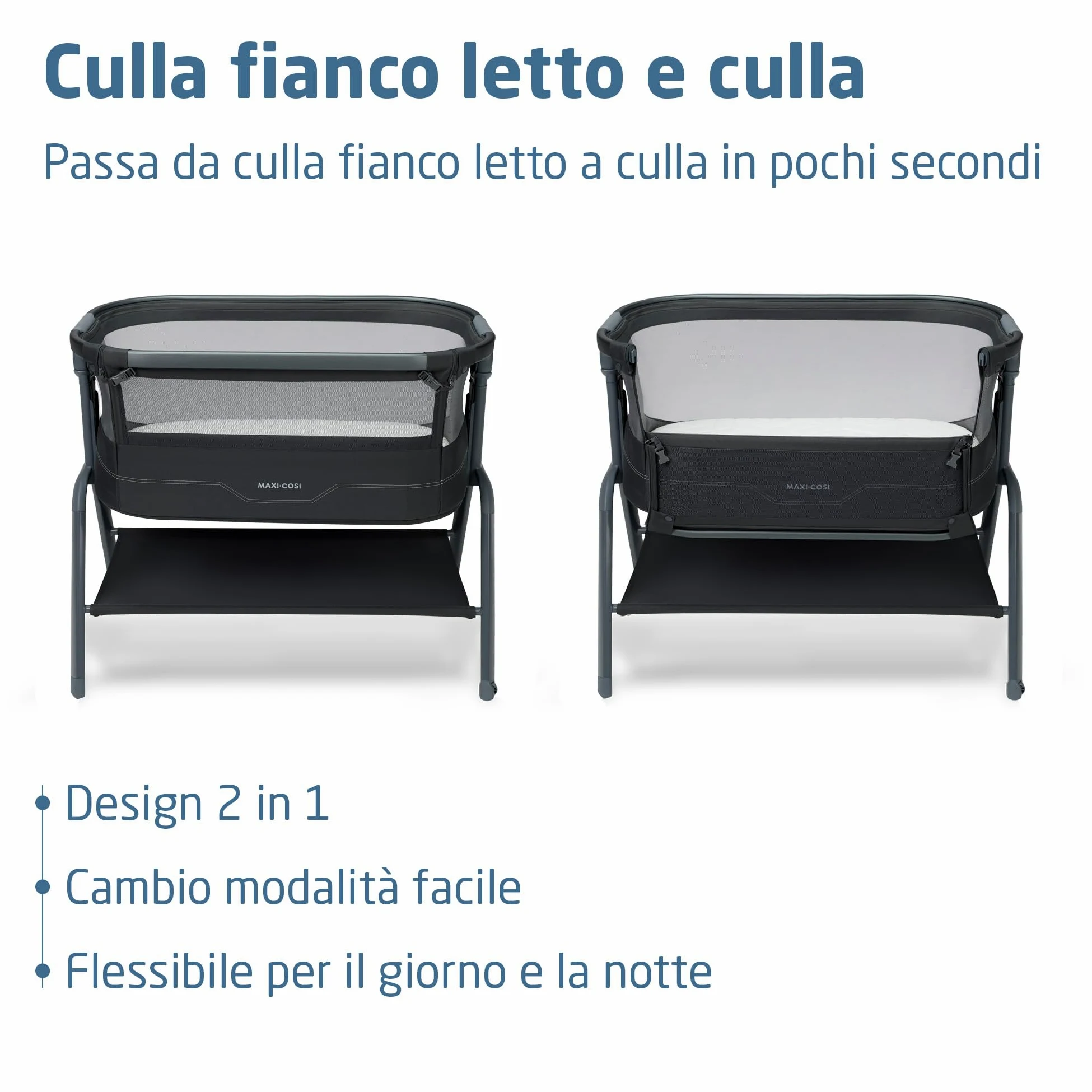 Maxi Cosi Iora² Culla Co-Sleeping, 0–6 Mesi (9 kg), Culla Neonato Fianco Letto Pieghevole e Leggera, Materasso 5 cm CloudCore, 5 Livelli, 2 Ruote Scorrevoli, Funzione Easy Slide, Elegance Graphite