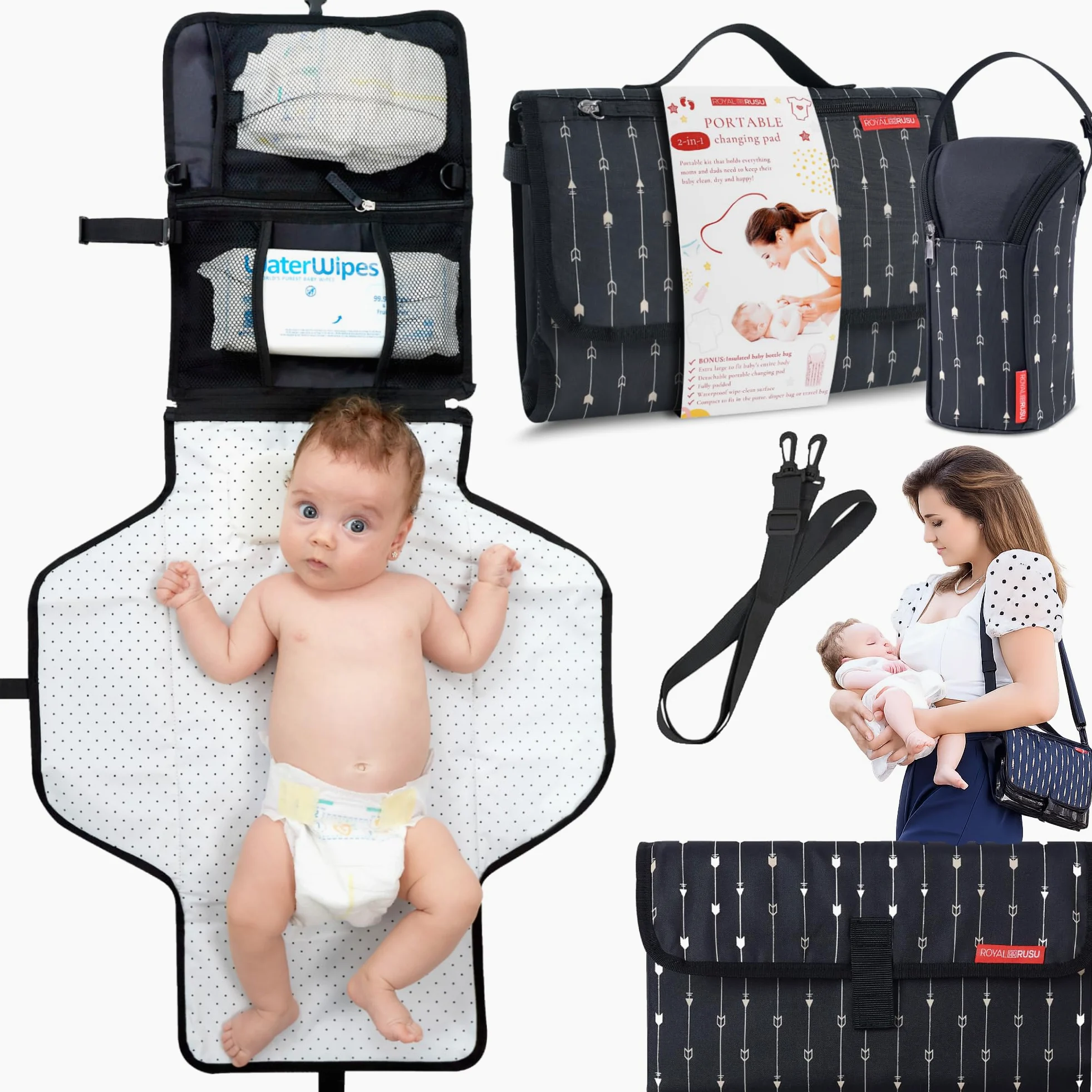 B0NUS - Fasciatoio portatile impermeabile per pannolini – Borsa termica per biberon 2 in 1, borsa per cambio pannolino e fasciatoio portatile con cuscino integrato (nero)