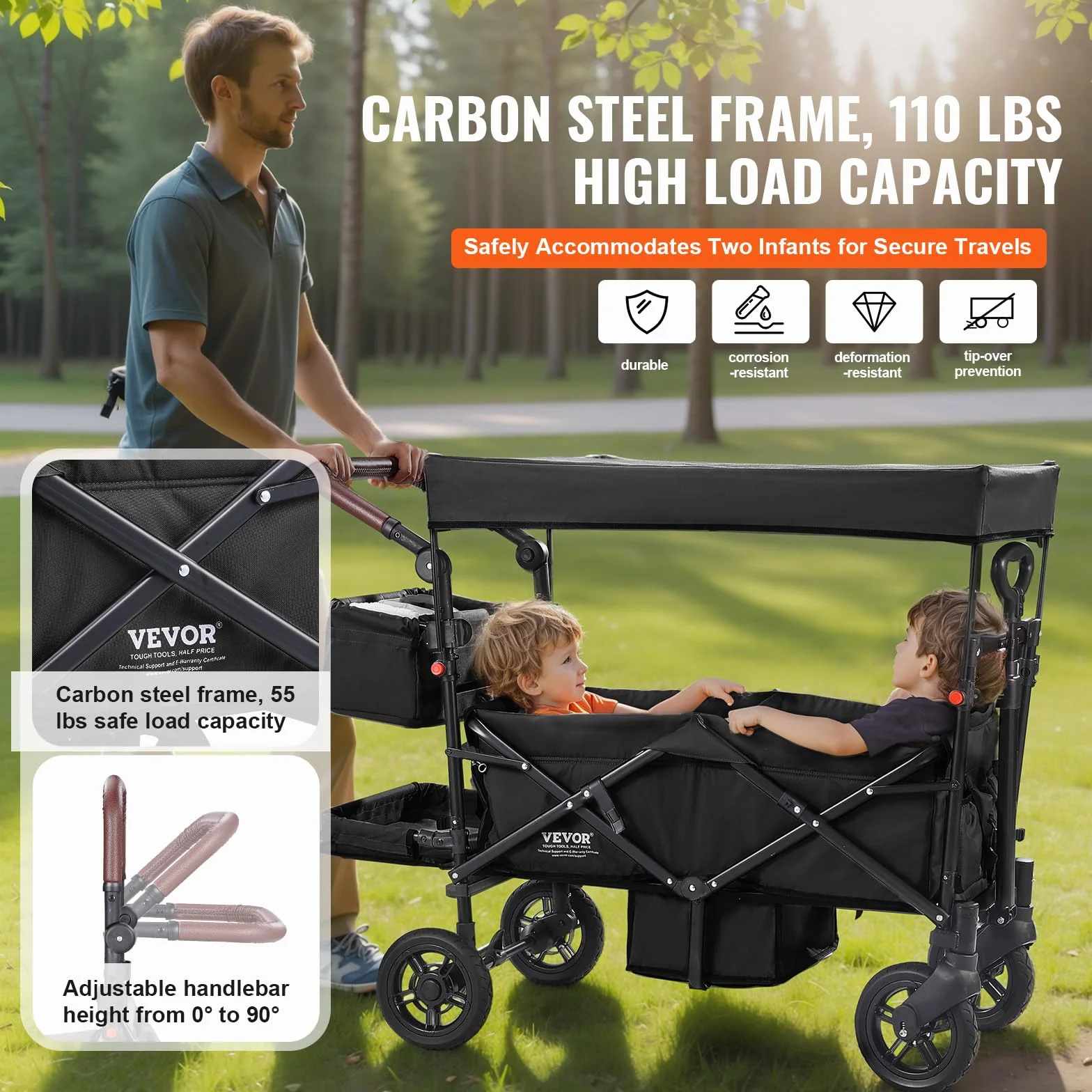 VEVOR Passeggino Wagon per 2 Bambini Pieghevole con Maniglia Regolabile, Tettuccio Rimovibile, Imbracatura Circolare, 4 Ruote con Freni, Multifunzione per Campeggio, Nero