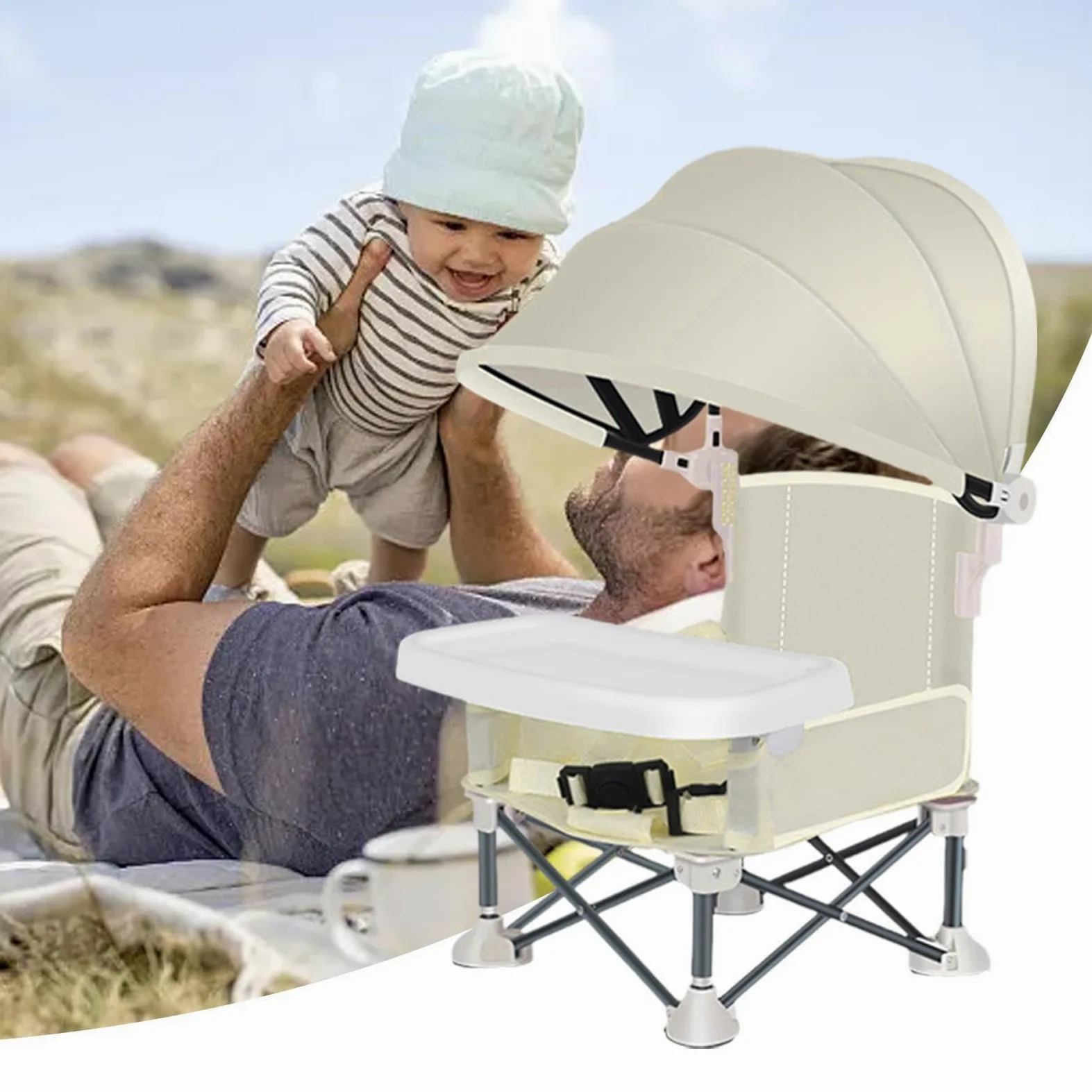 Seggiolone Per Bambini - Seggiolone Da Spiaggia Per Bambini Seggiolino Pieghevole Con Ombrellone E Vassoio Rimovibile, Sedia Per Pappa Per Campeggio, Spiaggia, Prato, Interni Ed Esterni