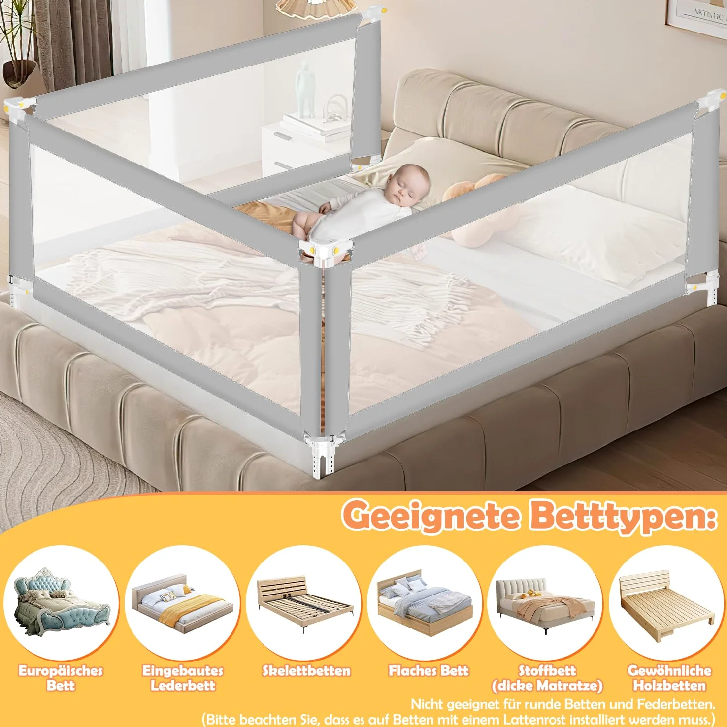 Ikodm Griglia per letto 200 cm x 2 + 150 cm x 1 cm, pieghevole con base a forma di U, griglia di protezione per lettino, altezza regolabile 68-95 cm, per bambini e letti dei genitori, grigio