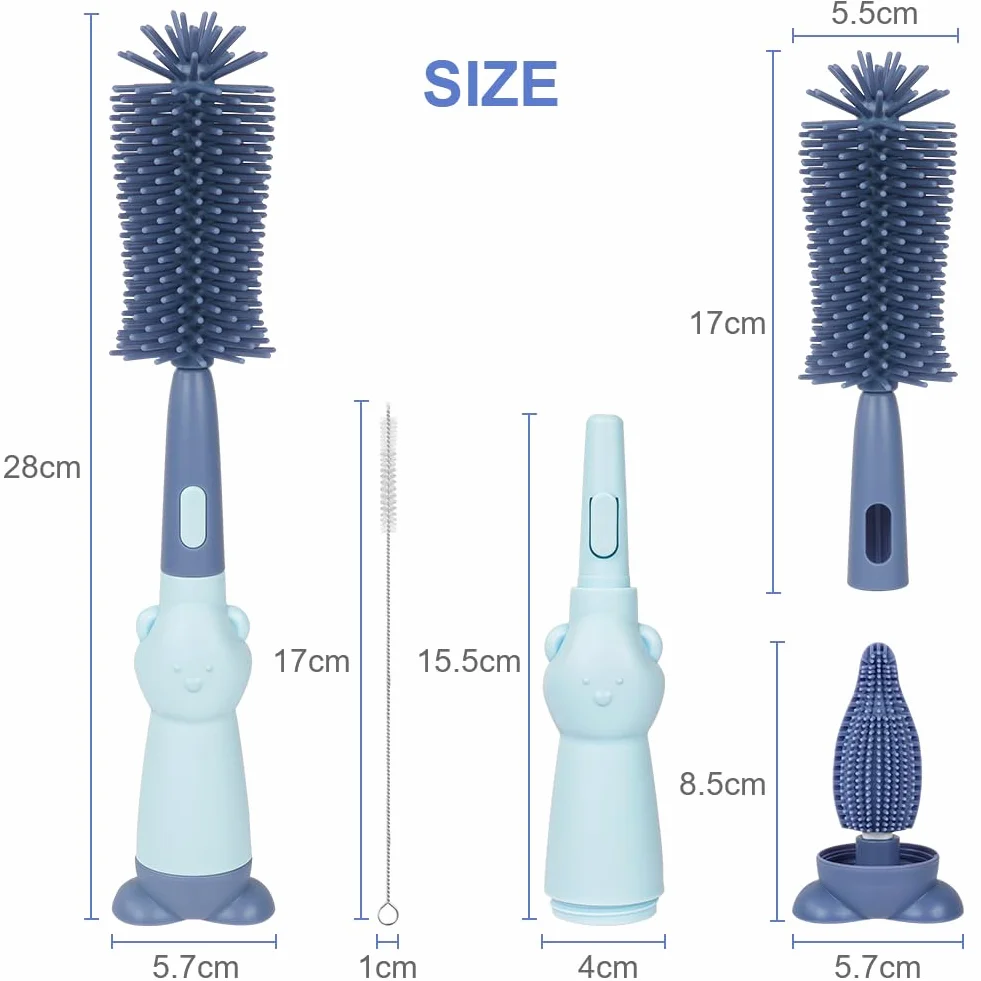 Vicloon Spazzola per Biberon, 3 in 1 Spazzola per la Pulizia di Biberon e Ciuccio, Scovolino in Silicone per la Pulizia, Tettarella, Cannucce, Blu Roccia