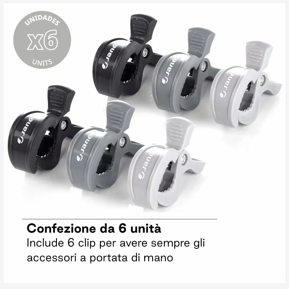 Jané Clip Passeggino Set 6 Pezzi, Pinze Universali Apertura 5,5 cm, Presa Forte per Mussole, Coperte e Giochi