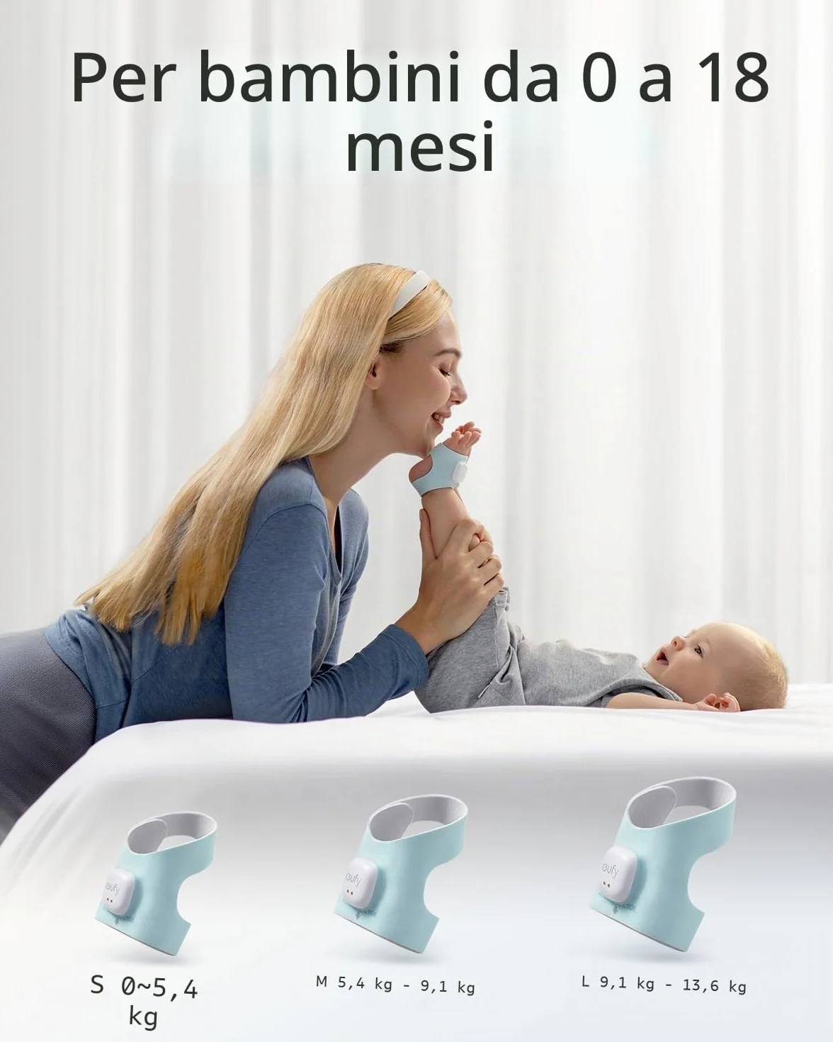 Calzini Intelligente eufy Baby S340, baby monitor Wi-Fi 2,4 GHz, monitoraggio del sonno, ritmo cardiaco, ossigeno nel sangue, telecamera 2K, rilevamento IA del Pianto, Panorama e Inclinazione, senza