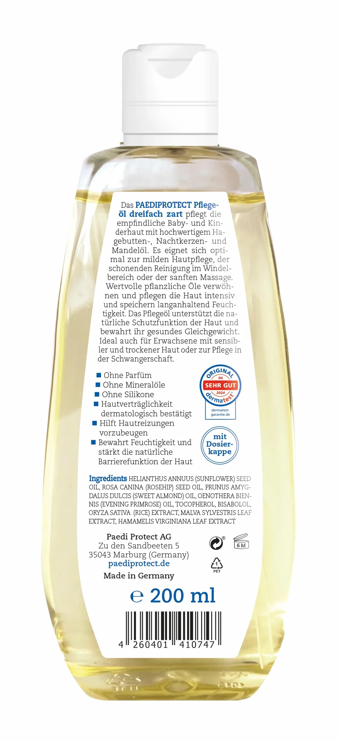 PAEDIPROTECT Olio per la cura di neonati e bambini 200 ml, olio per bambini con olio di mandorle per pelli giovani, olio per il corpo per la cura delicata della pelle e pulizia nella zona del