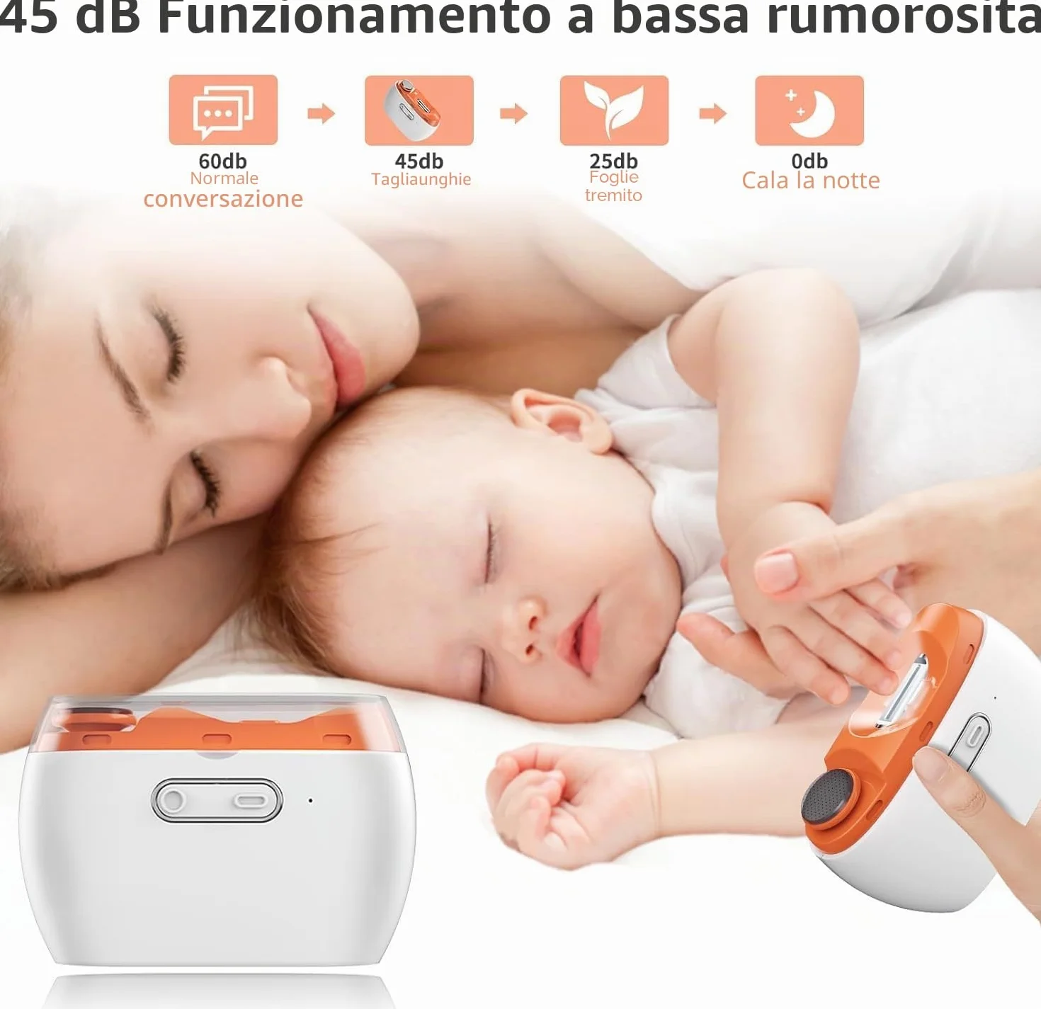 Tagliaunghie elettrico, 2 in 1, per unghie elettrico, ricaricabile tramite USB, con luce LED, adatto per neonati, bambini, adulti e anziani (arancione)