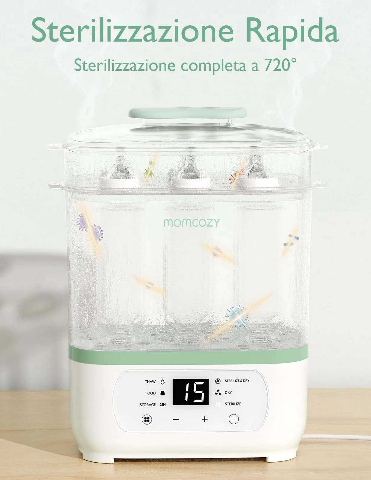 Momcozy Sterilizzatore Biberon Elettrico a Vapore 3-in-1 – Sterilizza, Asciuga e Riscalda, Elimina Molti Batteri Comuni In Vari Scenari d’Uso, Capacità 8 Biberon, Protezione Antigermi 24h