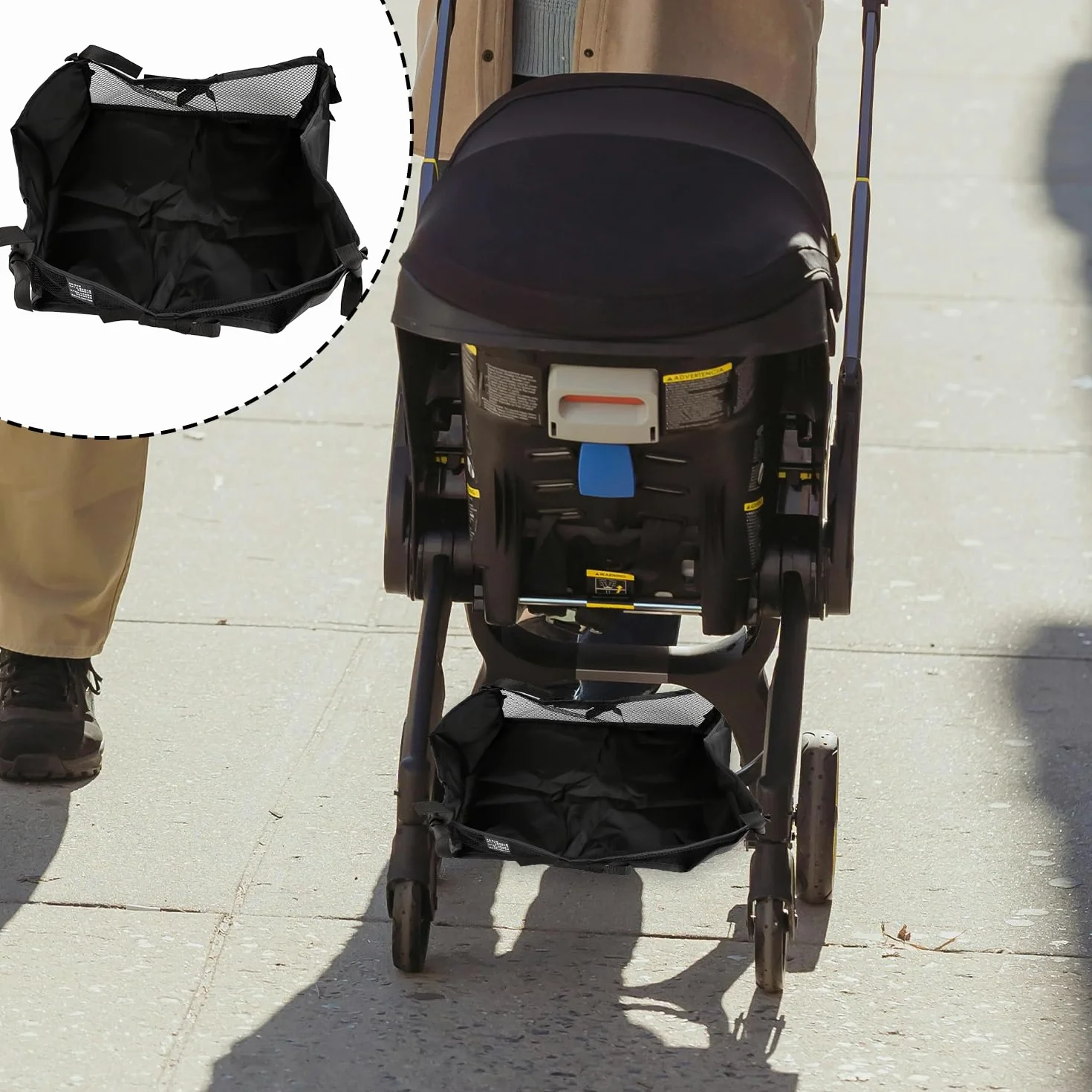 Borsa portaoggetti da appendere sotto il passeggino, cestino portaoggetti in rete, grande capacità, organizer con adesivo magico per pannolini, giocattoli e oggetti essenziali