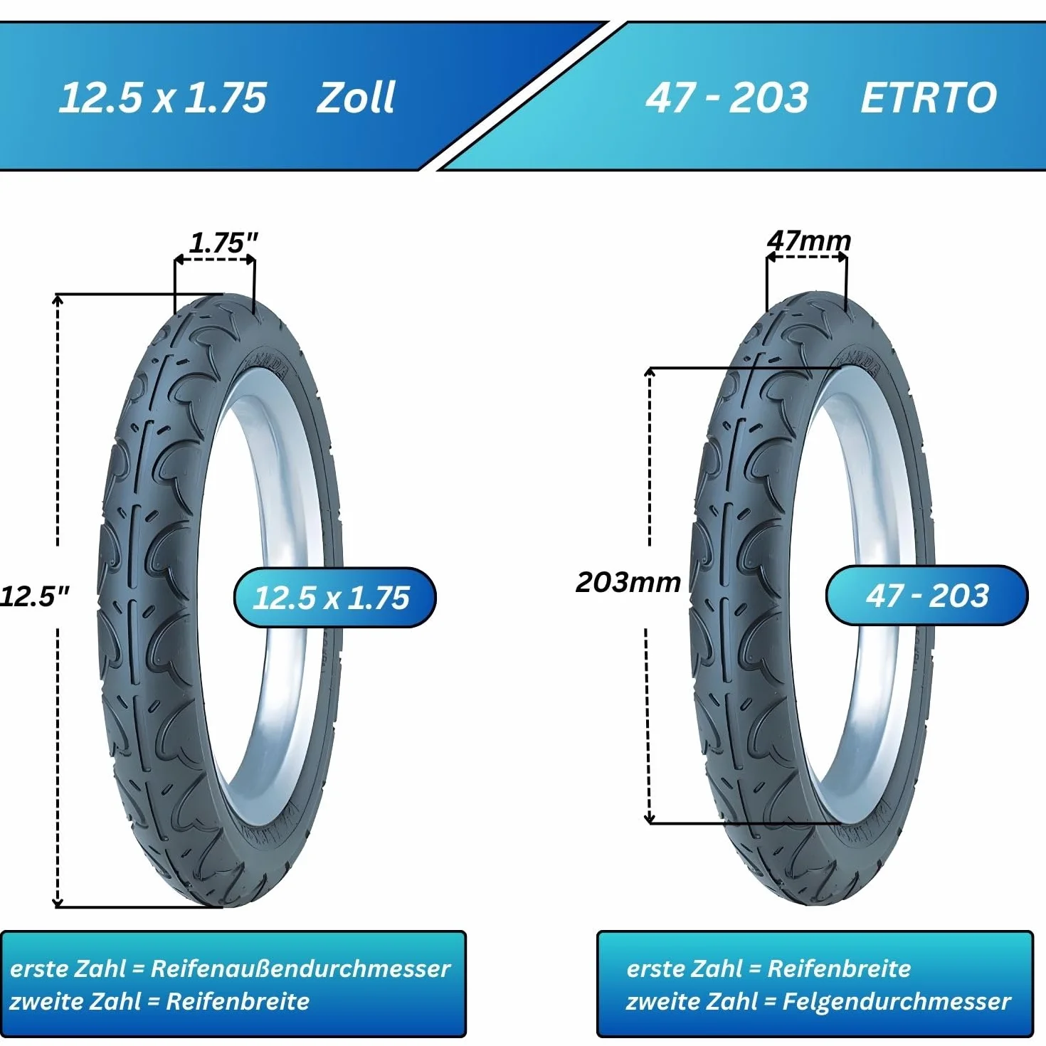 Kenda K909A - Set di 2 pneumatici per bicicletta, 12,5 pollici, 12,5 x 1,75 (47 – 203) – 12,5 pollici, per passeggino, scooter, bicicletta per bambini – Kenda K909A