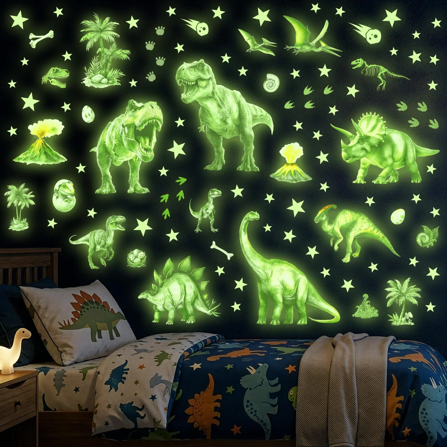 DECOWALL Adesivo da parete con dinosauro luminoso, grande T-Rex luminoso, triceratopo e vulcano, decorazione luminosa del cielo notturno, per cameretta dei bambini e sala giochi (GDS4-7004)
