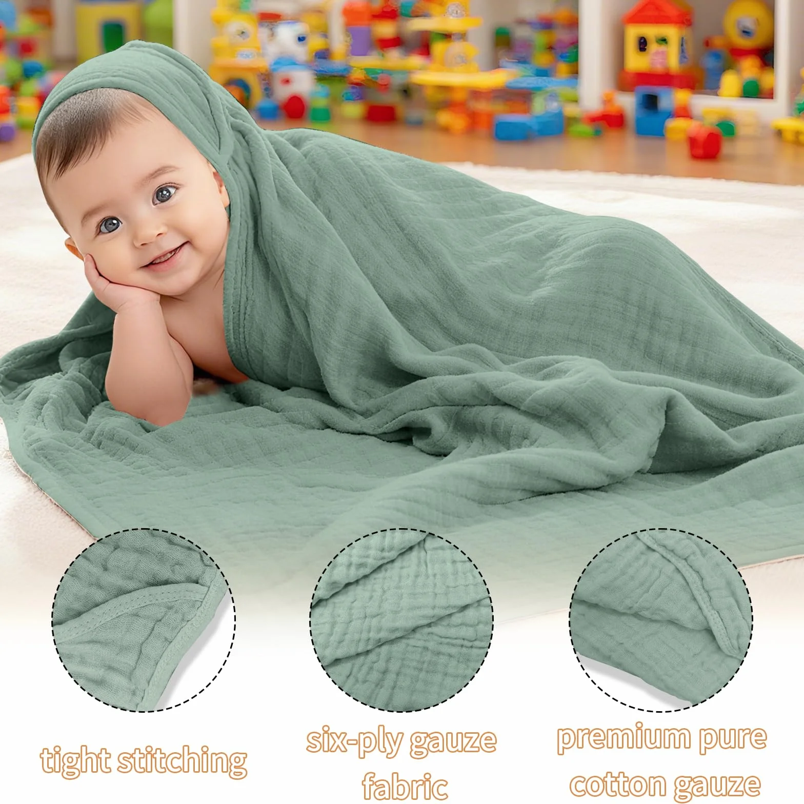 Asciugamano con Cappuccio per Neonati 80 x 80 cm Cotone Mussola Accappatoio Neonato Morbido Super Assorbente Mantella da Bagno per Bambini Asciugamano per Regalo-Verde scuro