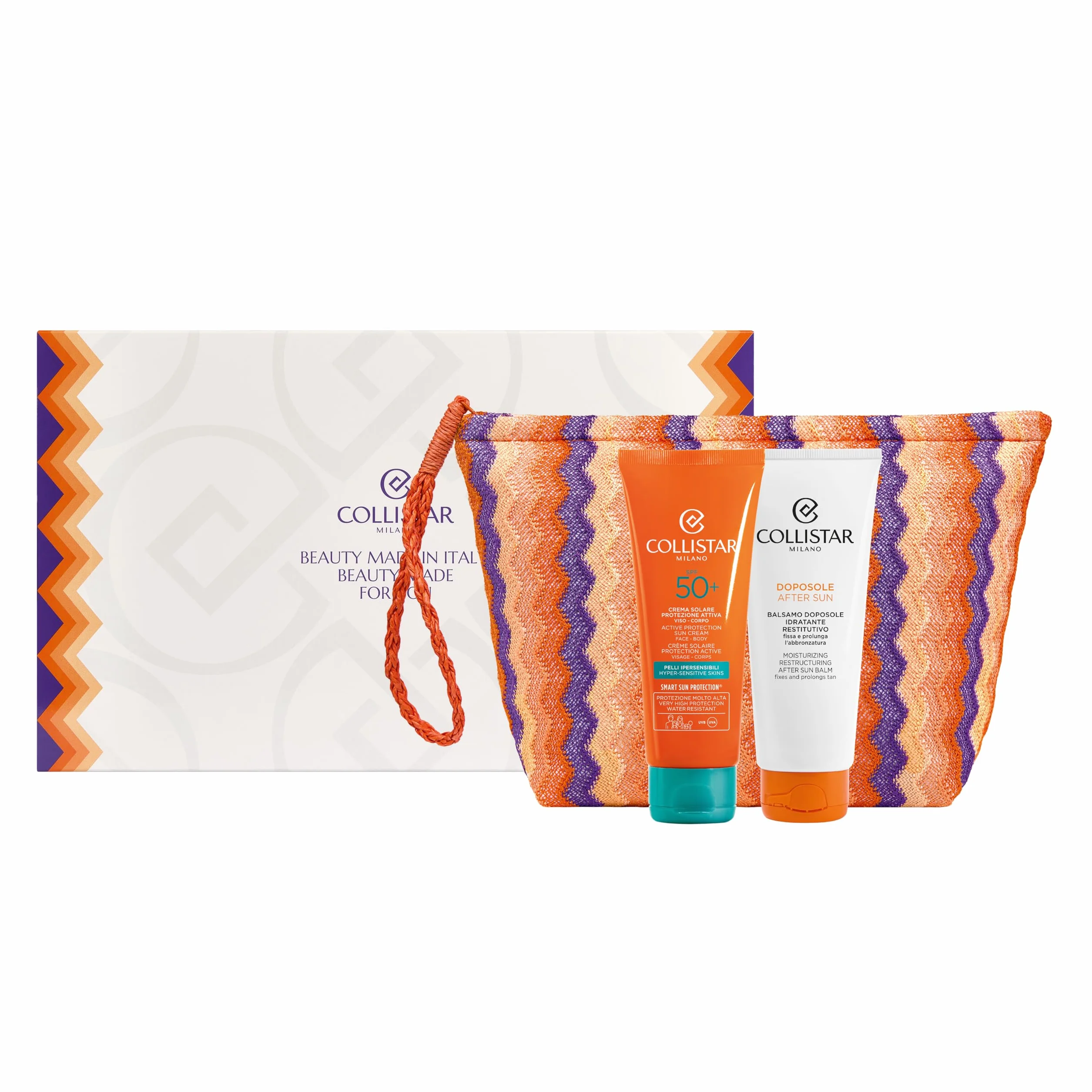 Collistar Cofanetto Regalo Solare, SPF 50+ Crema Protezione Attiva Pelli Ipersensibili 100ml + Balsamo Doposole 100ml, Alta Protezione, Adatto anche ai Bambini, Coral Friendly, Con Pochette