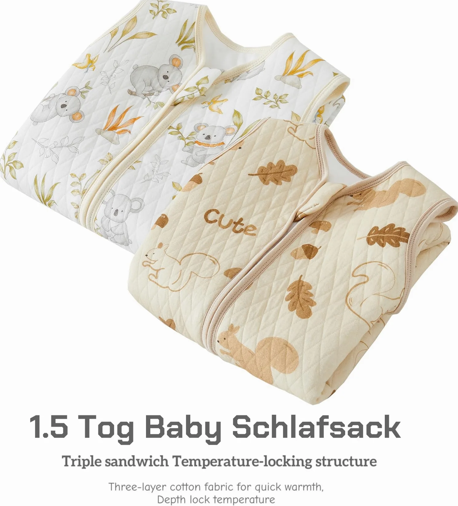 Chilsuessy Sacco nanna per tutto l'anno, con piedi, 1,5 Tog, confezione da 2 pezzi, sacco nanna con gambe in cotone, 1,5 Tog, scoiattolo + koala, 90 cm, altezza del bambino 100-110 cm