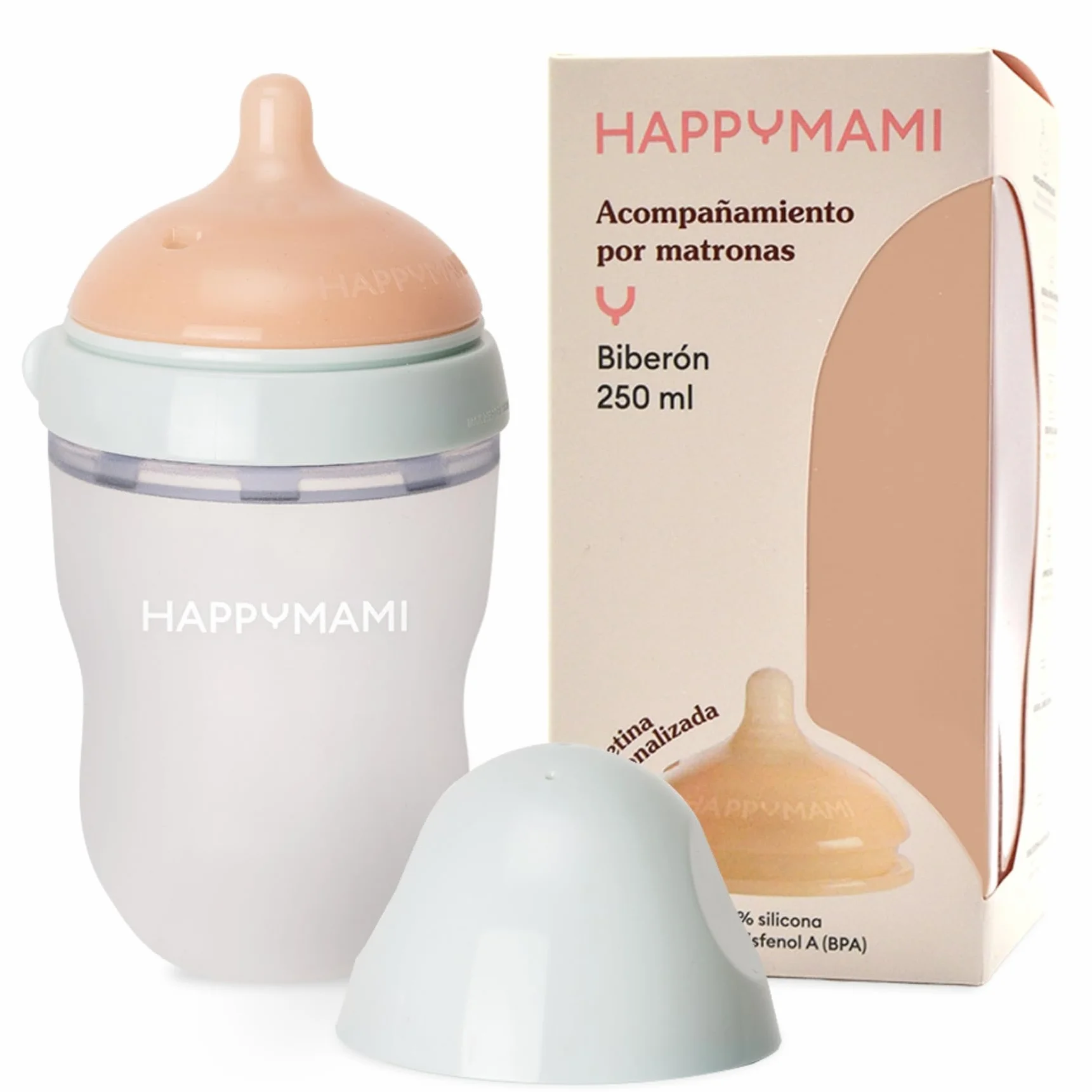 HappyMami, Biberon su Misura con Tettarella in Silicone Medico, senza BPA, doppio Sistema Anticolica, Lavabile in Lavastoviglie, adatto a ogni tipo di Allattamento. (Menta Delicato 250 ml)