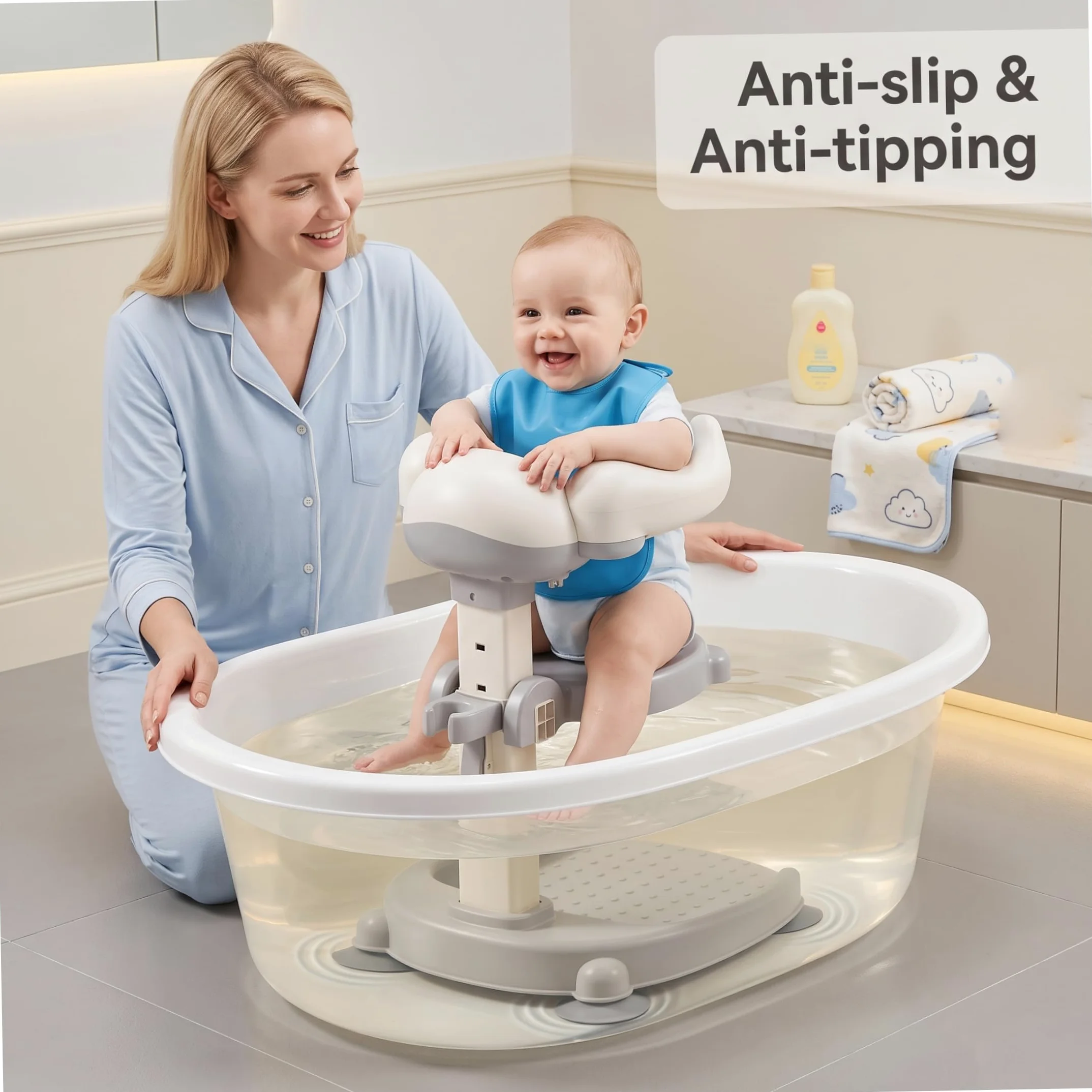 Supporto da bagno con sedile integrato, supporto antiscivolo per vasca da bagno per neonati e bambini piccoli da 8 a 36 mesi