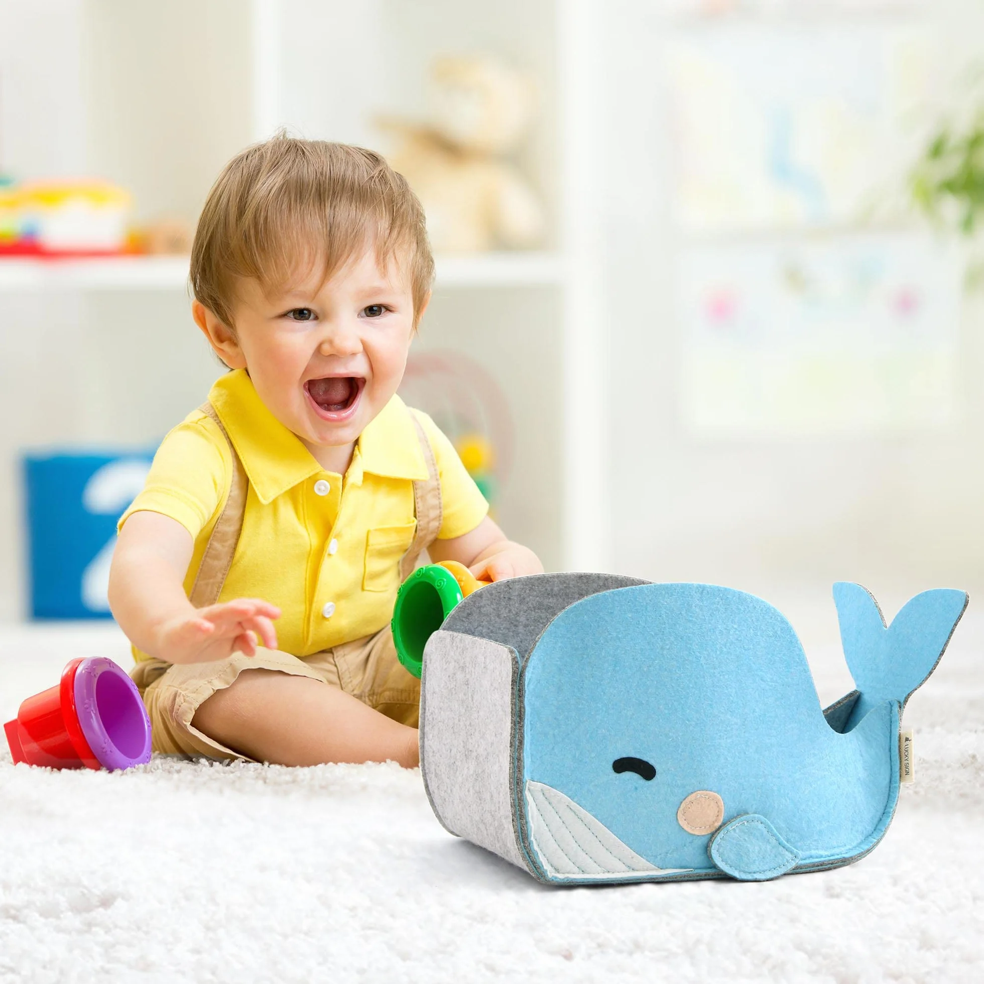 Lucky Sign - Scatola portaoggetti per bambini in feltro pieghevole per bambini e bambine, 26X14X19cm, Baby Whale