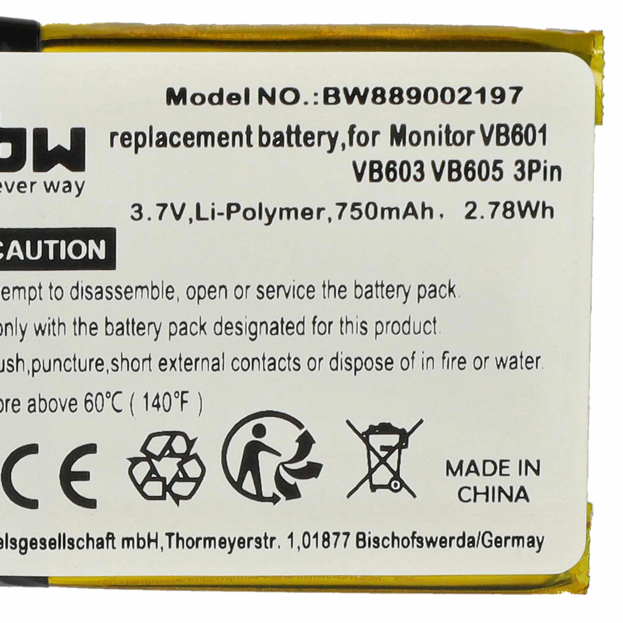 vhbw batteria compatibile con Boifun VB603, VB601, E40, VB610, VB605 babyphone (750mAh, 3,7V, Li-Poly)