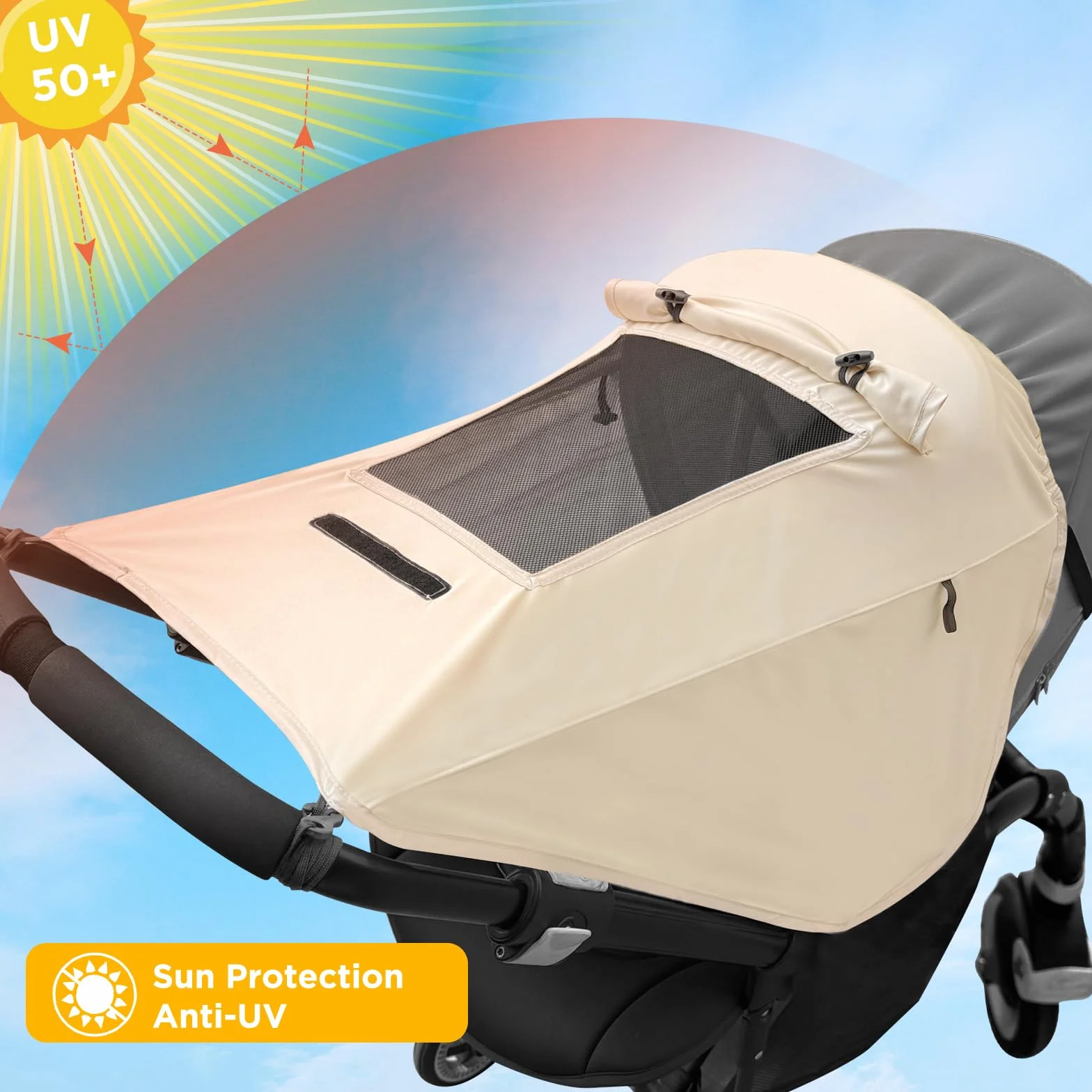 WD&CD Parasole per Passeggino, Telo Parasole per Carrozzina e Passeggino Ombrellini Parasole Universale Regolabile UV Protezione Solare Parasole Passeggino - Beige