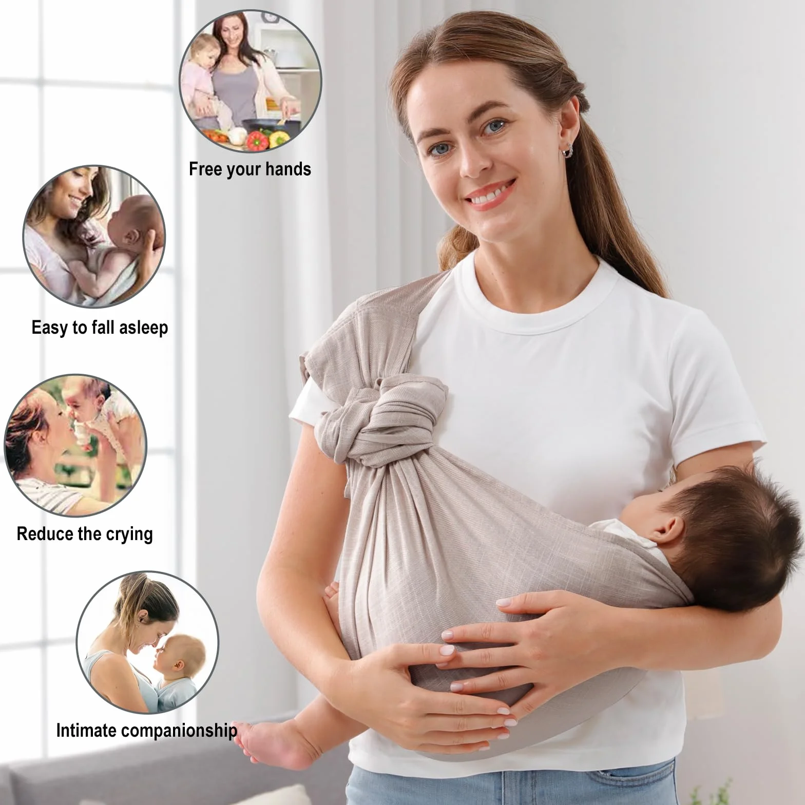 Fascia portabebè per neonati e bambini, regolabile, traspirante, in mussola con doppio anello, ideale come regalo per i neo genitori (grigio)