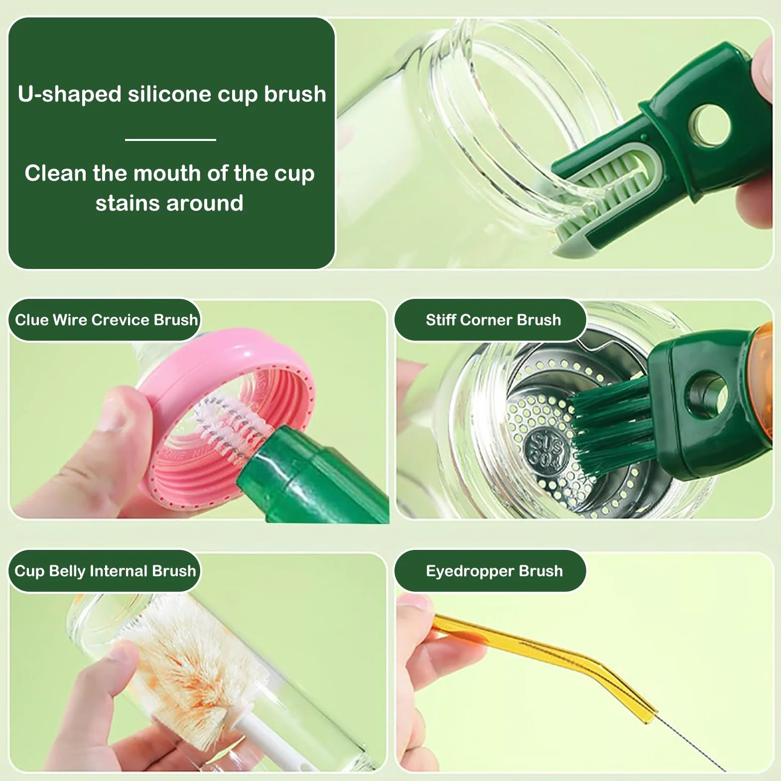 Spazzola per Pulizia Bottiglia D'acqua Multifunzionale 5 in 1 Spazzola per Biberon Spazzola a Manico Lungo con 5 Testine Set Spazzole per Pulizia per Biberon,Bottiglie Termiche,Cannucce (Verde)