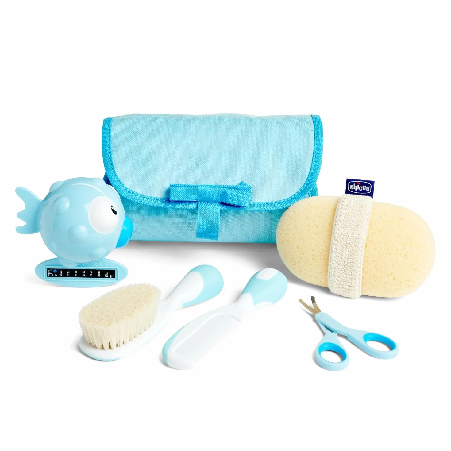Chicco Set Bagnetto per Bambini, Idea Regalo, Idea Regalo Nascita, con Pettine, Spazzola Morbida, Termometro, Guanto Da Bagno In Spugna E Un Paio Di Forbici, Igiene Neonato, Prodotti Bagnetto, Azzurro