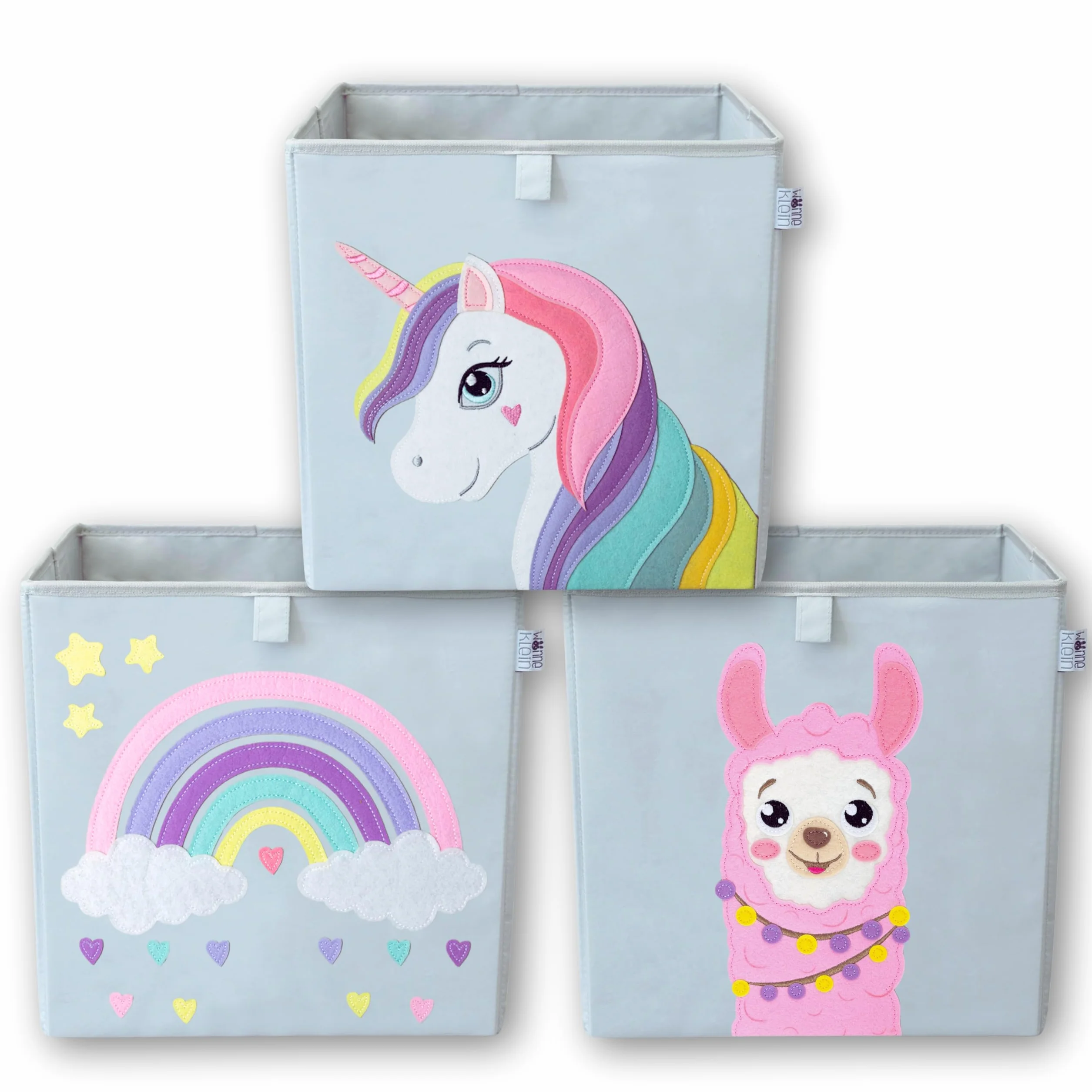 Scatola portaoggetti per bambini – 33 x 33 x 33 cm – Scatola pieghevole con motivo animali – Scatola per riporre gli scaffali Kallax – Set da 3 pezzi di alpaca, unicorno, arcobaleno