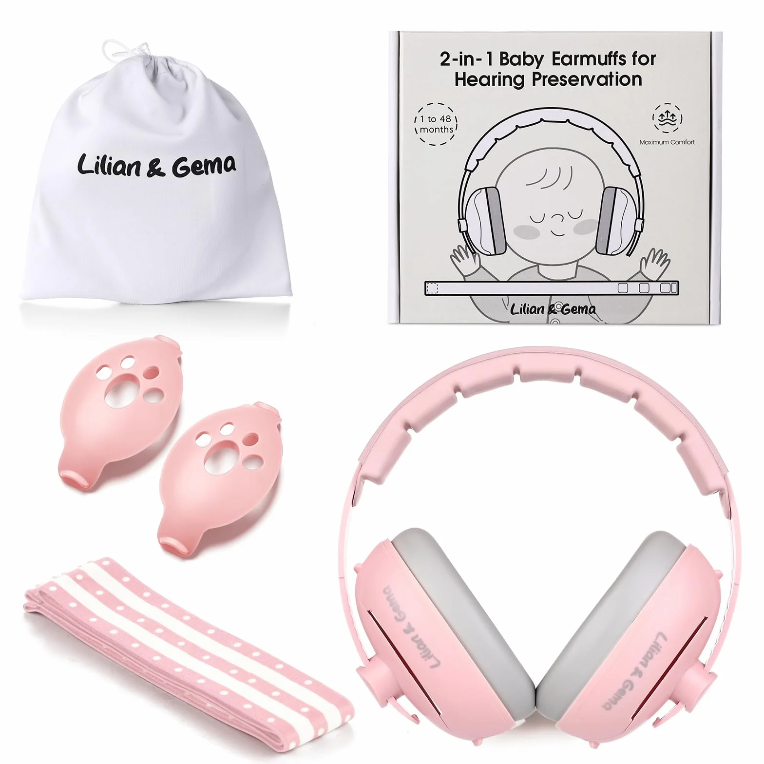 Lilian&Gema 2 in 1 Cuffie Neonato Antirumore -25dB,Protettori acustici per neonati, archetto regolabile, antiscivolo e antistress, protezione acustica ideale per neonati fino a 48 mesi