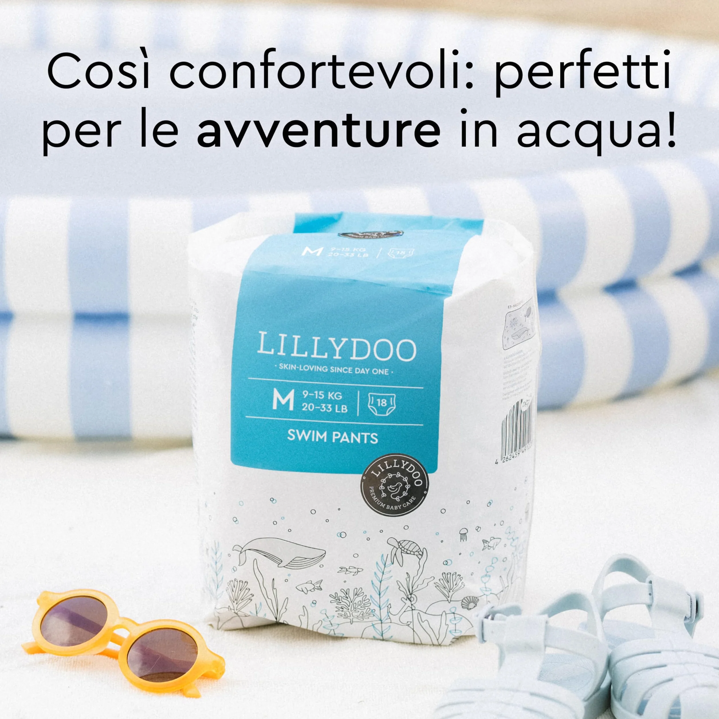 Pannolini costumino LILLYDOO monouso, delicati sulla pelle, per bambini taglia M (9-15 kg), confezione da 18 pezzi, con fantasia sottomarina – pannolini per una protezione sicura in acqua