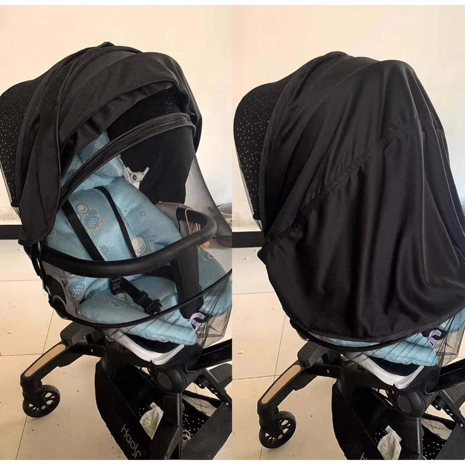 2 in 1 Zanzariera Passeggini Universale, Protezione UV 50+ per Parasole Passeggino,Copri Passeggino Estivo, Antipolvere e Antivento,Nero