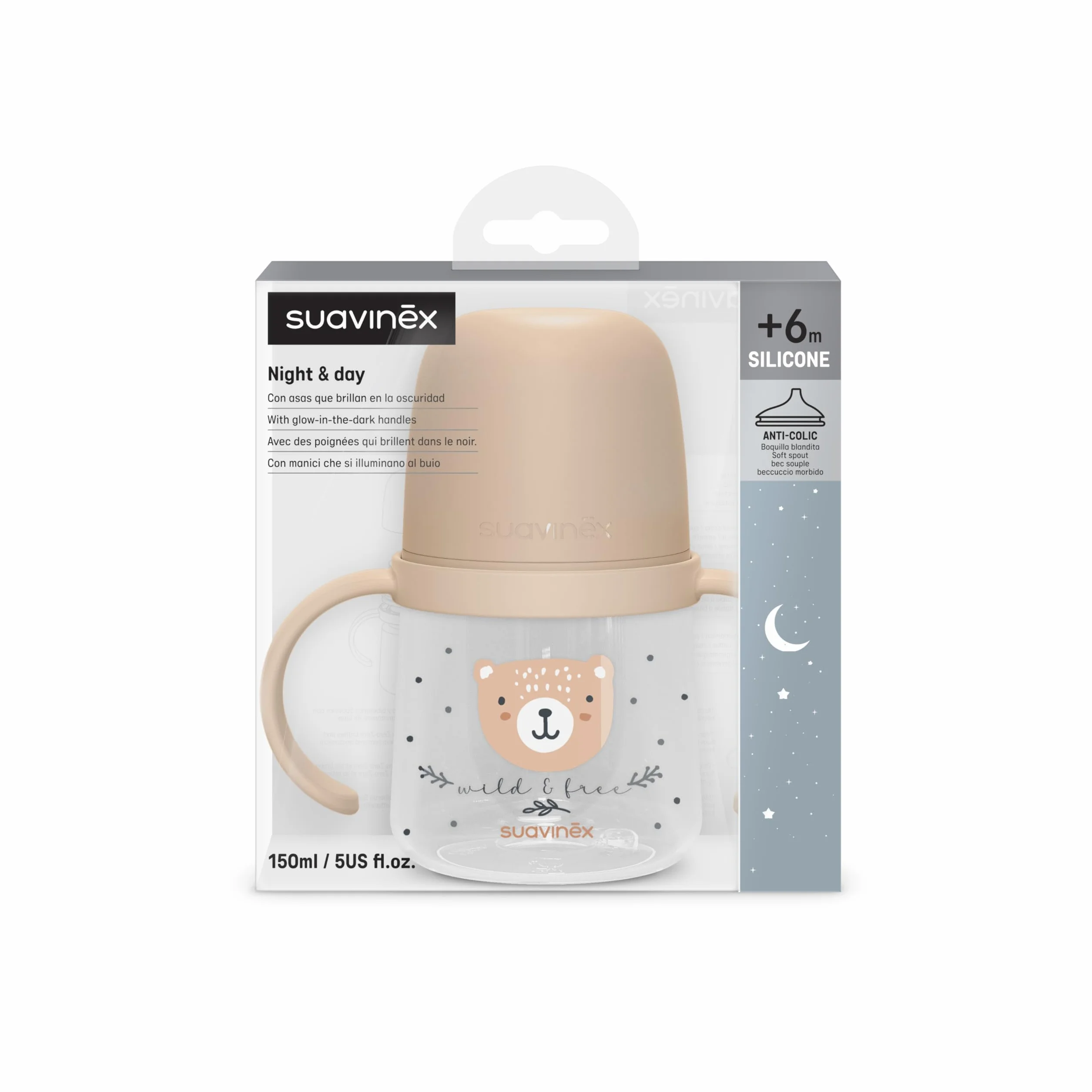 Suavinex, Vaso Aprendizaje Bebé, Taza Antiderrame, Biberón con Asas que Brilla en la Oscuridad, con Boquilla de Silicona y Válvula Anticólico, Ideal para Usar por la Noche, +6 Meses, Wild&Free Beige