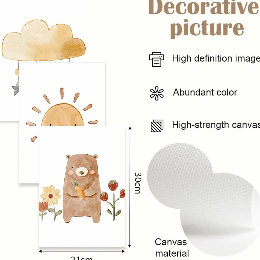 Set di 3 Quadri Tela 21x30cm, Poster Orsacchiotto Nuvole Sole per Cameretta dei Bambini, Stampe Senza Cornice Stile Boho per Decorazione Parete(Stile B)