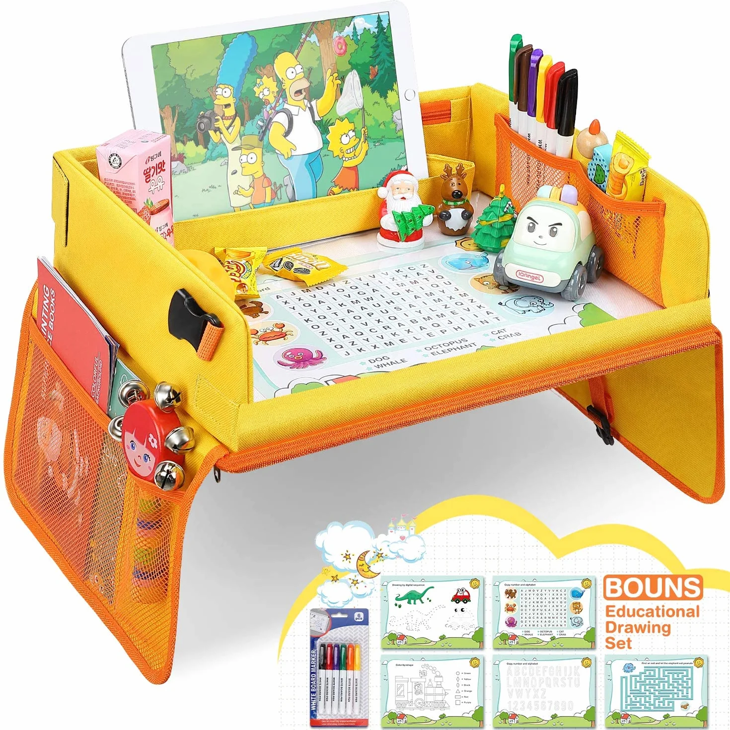 Vassoio di Viaggio per Bambini, Snack e Play Tray da Viaggio con Superficie di Disegno Trasparente, 5 Carte da Disegno e 6 Penne di Diversi Colori - Giallo&Arancione