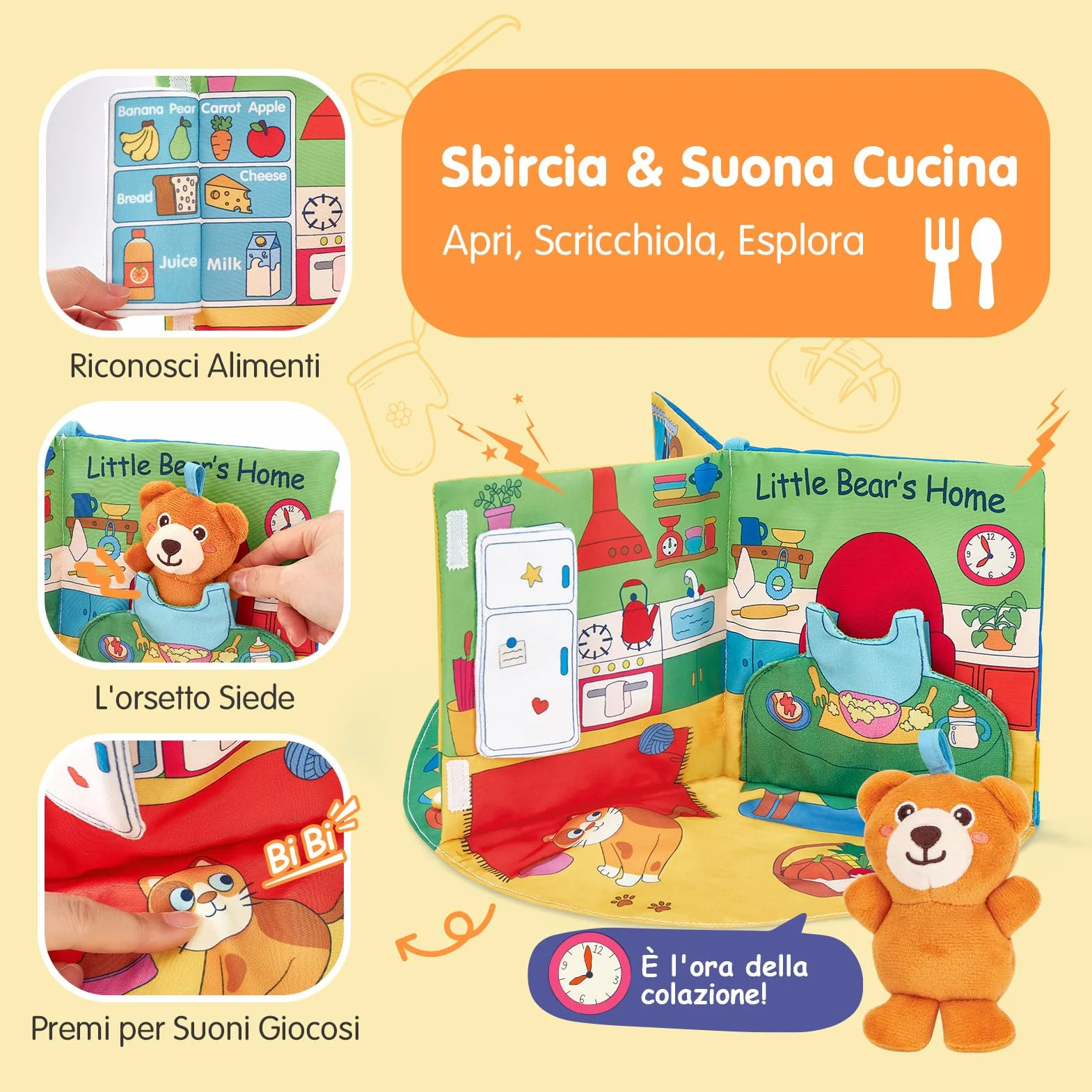 hahaland Libro Sensoriale Neonati 6-12 Mesi, 3 in 1 Morbidi Libro Montessori Interattivo con Specchio & Orsetti Rimovibili, Libri di Stoffa Giochi Tummy Time Neonato Giocattol 3 6 9 12 Mesi