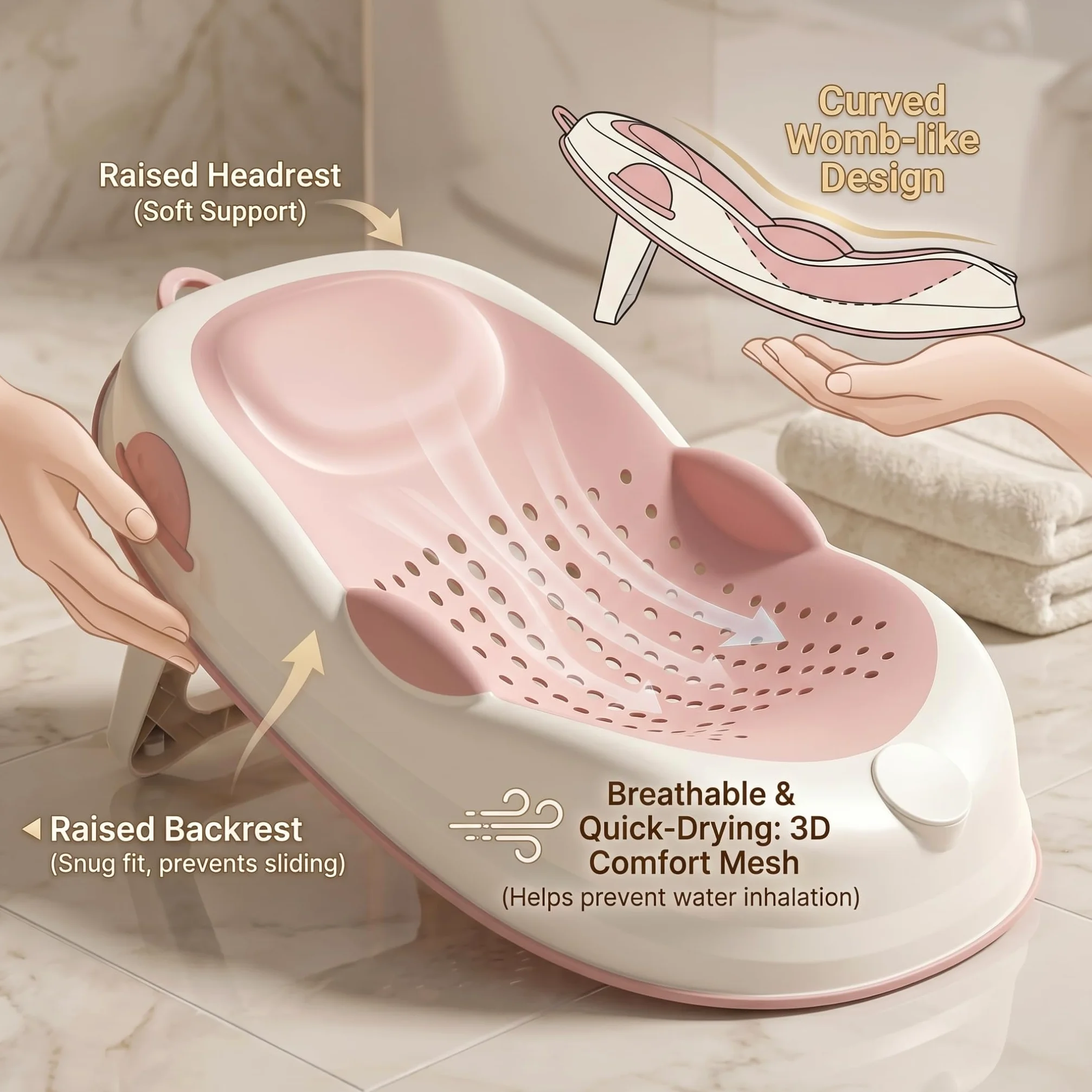 Vaschetta per il bagnetto | Supporto per il bagnetto, Sedile per pieghevole e appendibile con drenaggio Cuscino ergonomico per neonati adatto alla maggior parte delle vasche da bagno, Style-