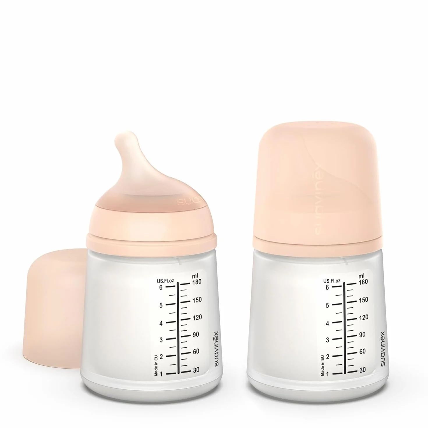 Suavinex, confezione da 2 biberon anticolica Zero Zero, tettarella flusso adattabile (A) in silicone, +0 mesi e neonati, per allattamento al seno, latte materno e latte artificiale, 180 ml, Fair