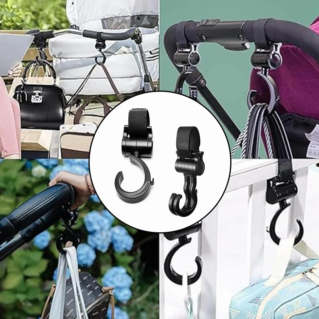 4 Pezzi Ganci Passeggino, Ganci Passeggino Universali Leggero Rotanti Appendi, Multiuso Gancio Clip Con Chiusura Regolabile, Ganci Appendere Per La Spesa Borse Pannolini Borsette (Nero)