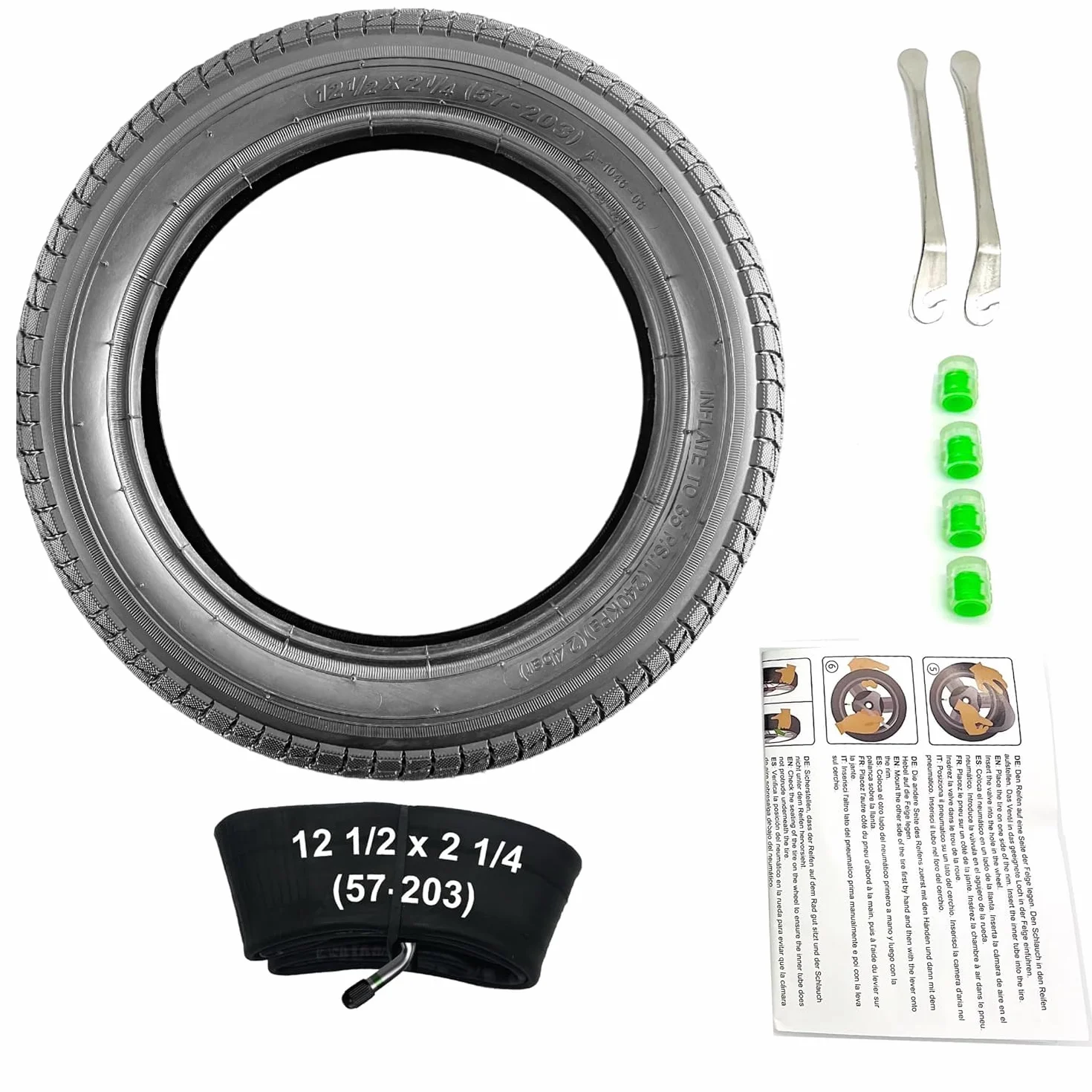 12 1/2 x 2 1/4 (57-203) Pneumatici con profilo A-1046 con tubo flessibile con valvola angolare in acciaio inox 45° AV – Include 2 leve di montaggio – Compatibile con ruote da 12 pollici passeggino